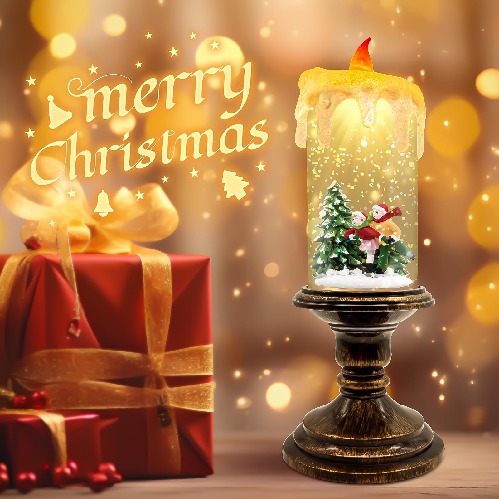 Christmas Snow Globe Candle Lantern with Snowman & Reindeer, Vintage-Style LED with Glitter Swirl & 6H Timer, Battery Operated (3×AA) Holiday Decoration for Tabletop & Mantel