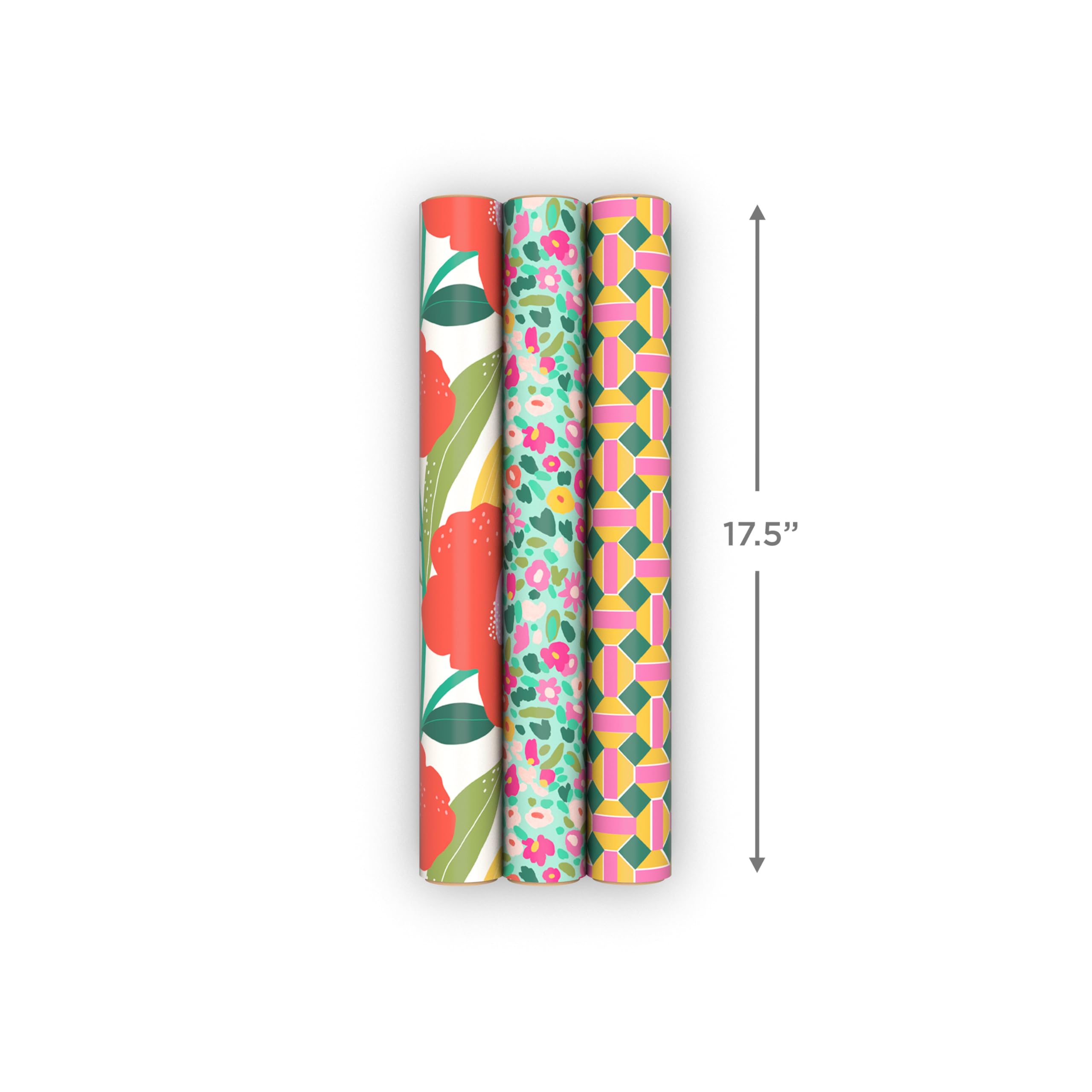 Hallmark Floral Wrapping Paper Mini Rolls, 3-Pack (Pink, Orange, Yellow Flowers on Teal, Green and Pink Geometric) for Birthdays, Easter, Mother's Day, Bridal Showers, Any Occasion - 60 Sq. Ft. Total
