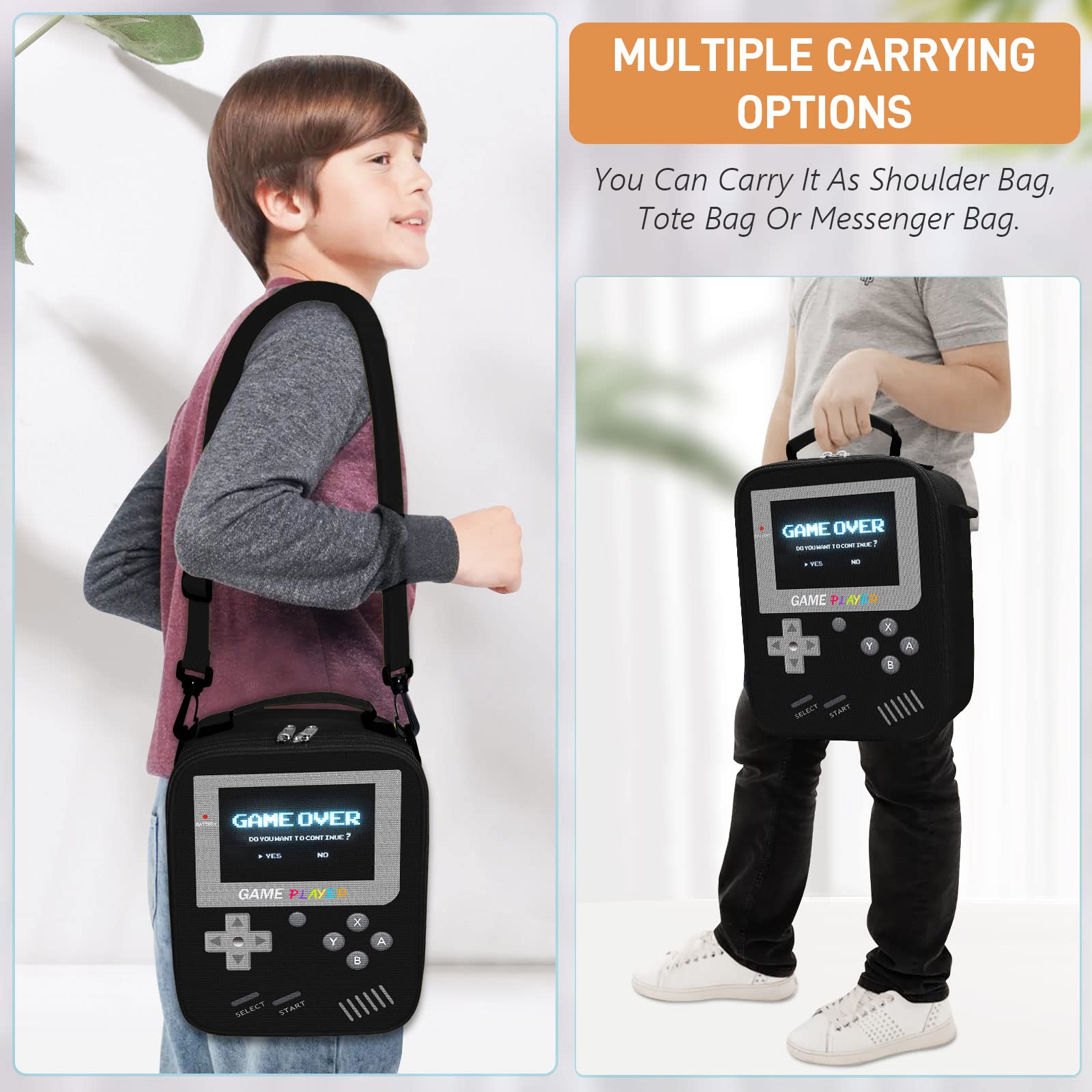 Boys Lunch Box for School, Gamer Kids Lunch Bag for Boys Girls, Insulated Video Game Lunchbox Waterproof Leakproof with Adjustable Shoulder Strap