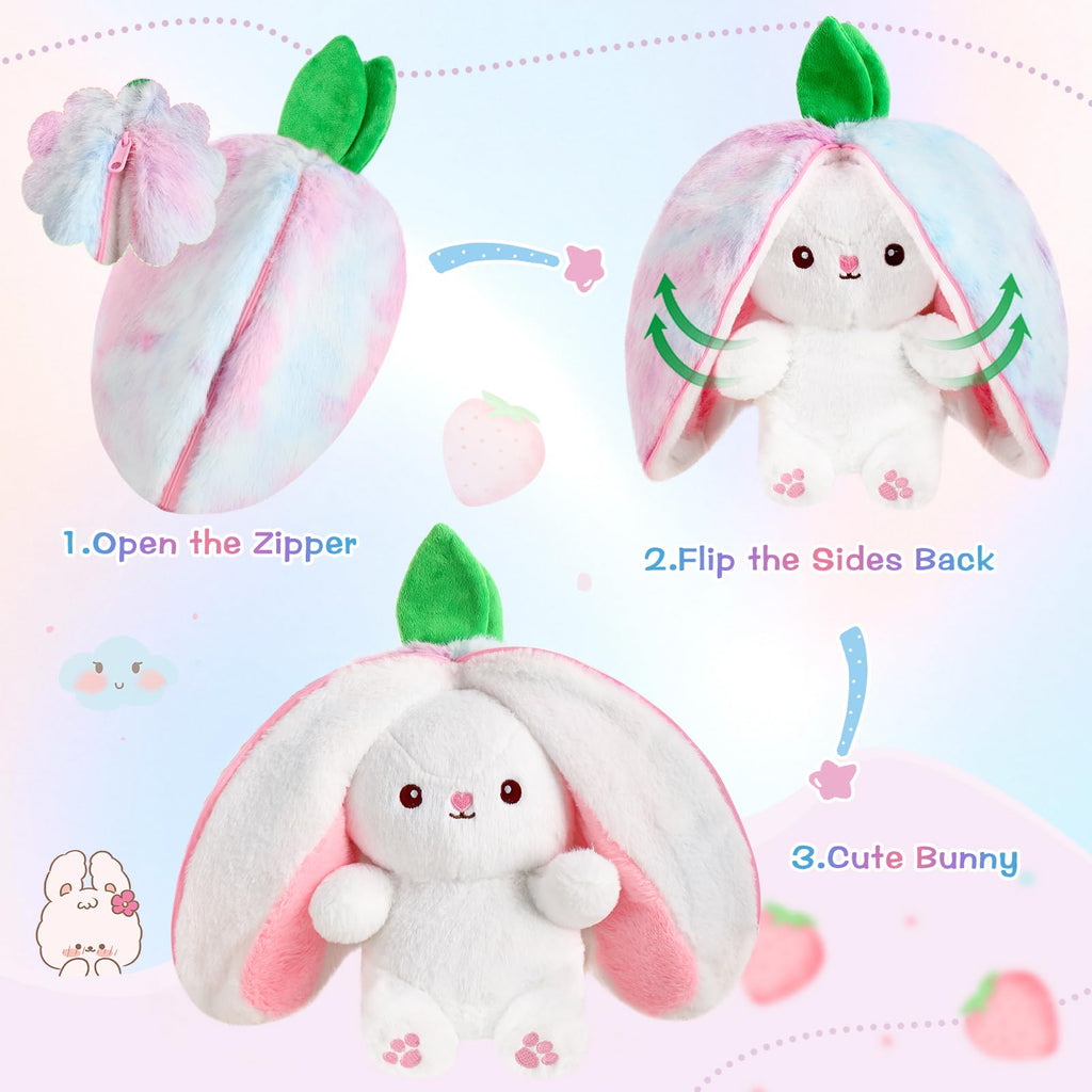 MIAODAM Bunny Stuffed Animal Reversible Cuddle Bunny Stuffed,Strawberry Bunny Transformed Rabbit Plush Zipper,Turns Into Ears Bunnies Plushies Toy Cute Stuffy Doll Easter