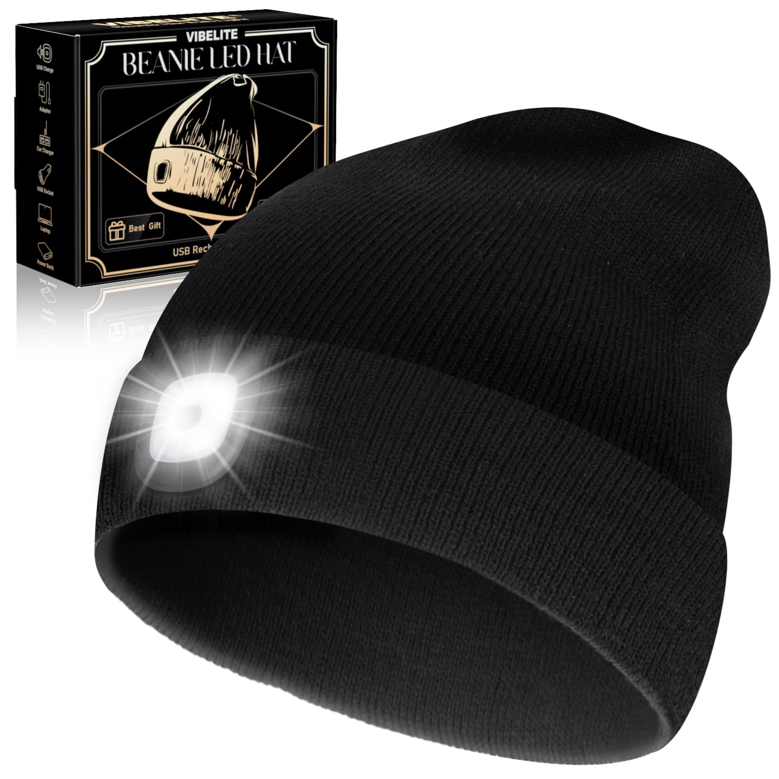 VIBELITE LED Beanie Hat with Light, USB Rechargeable LED Headlamp for Hiking, Camping, Fathers Day Gift for Dad, Husband, Birthday Gifts for Men, Women, Dad Gifts from Daughter, Wife, Black