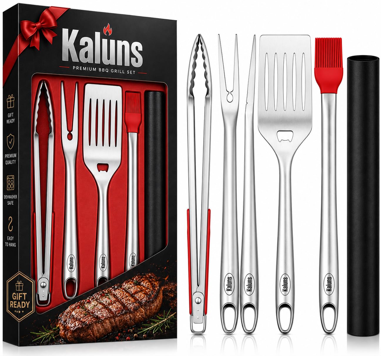 Kaluns Grilling Accessories, Dad Gifts for Fathers Day, Grilling Gifts, Heavy Duty Stainless Steel BBQ Tool Set for Outdoor Grill with Aluminum Case and Apron, Birthday Gifts for Men Women