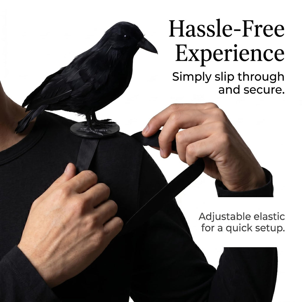 Black Feathered Crow Statue Crow on Shoulder with Elastic Strap for Outdoor Bird Props Halloween Cosplay Party