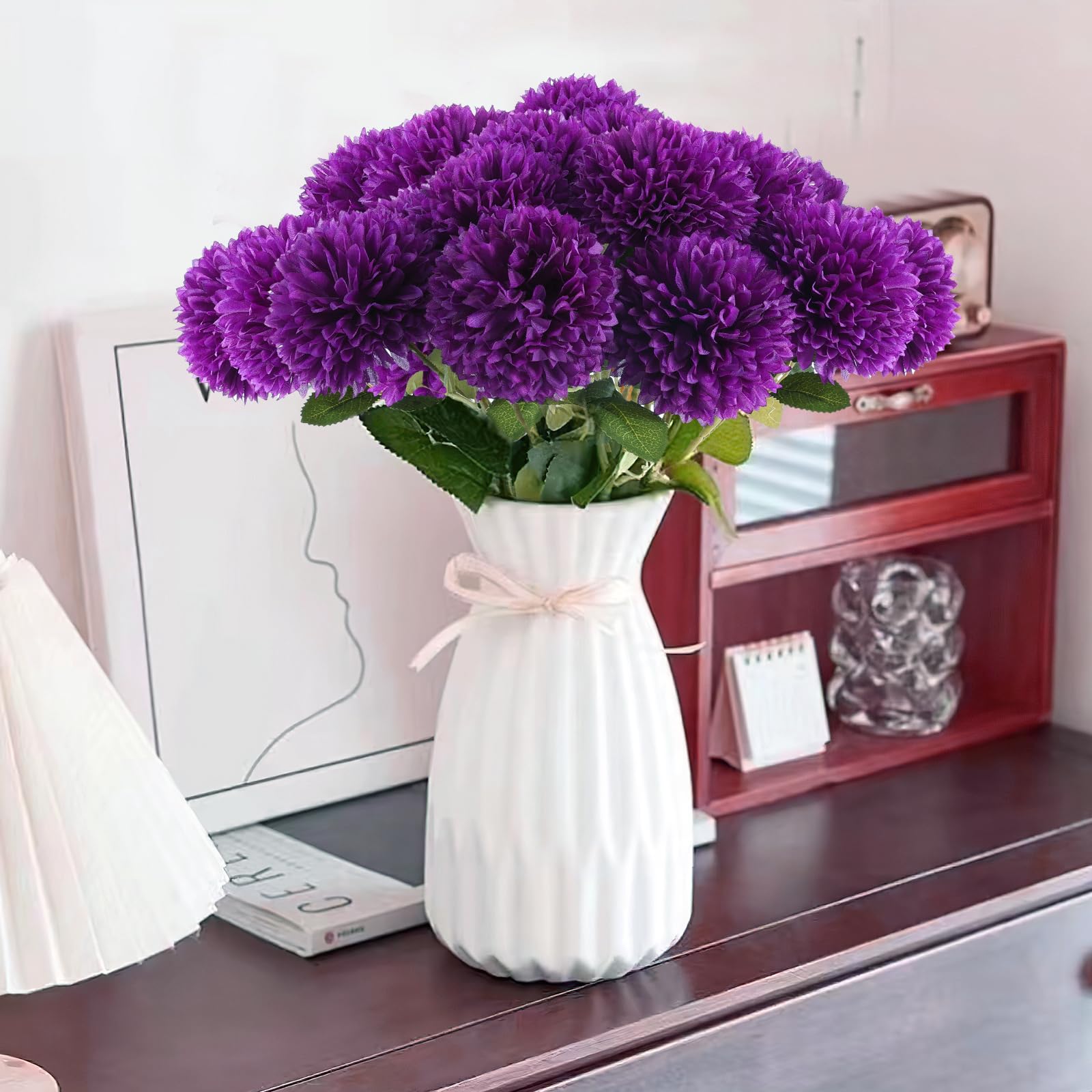 Hananona 12 Pcs Artificial Chrysanthemums Flowers Patriotic Flower, 4th of July Fake Mums Flowers Silk for Home Decor Indoor Memorial Day Table Centerpiece Vase not Included (12, Red, White, Blue)