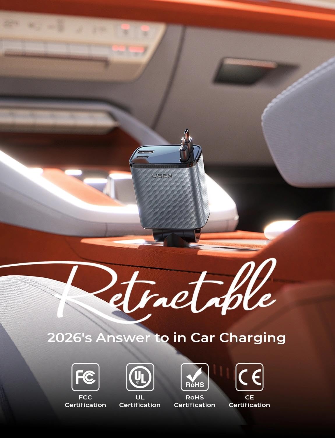 LISEN Retractable Car Charger, 84W Car Charger USB C Fast Charger Adapter for iPhone, Car Accessories for Men Women, Gifts for Fathers Day for Men Dad Husband, for iPhone 17 16 15 14 13 12 11 Samsung