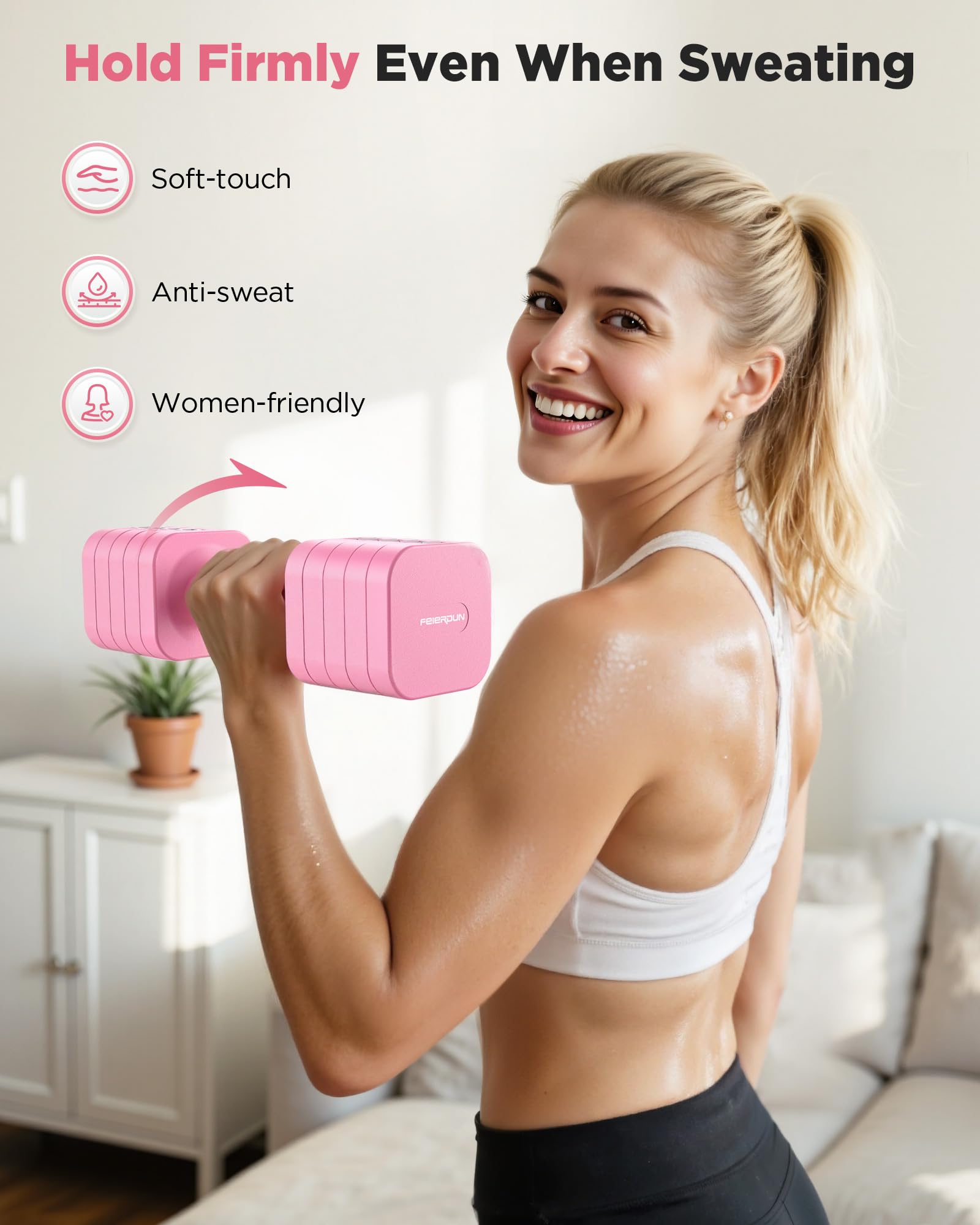 FEIERDUN DB3 5-in-1 Adjustable Dumbbell Set, 6LB/10LB Pair Adjustable Weights for Women at Home, Dual Locking Stable Hand Weights with TPU Soft Handle, Home Gym, Rehab, Pilates, Yoga, Strength Training