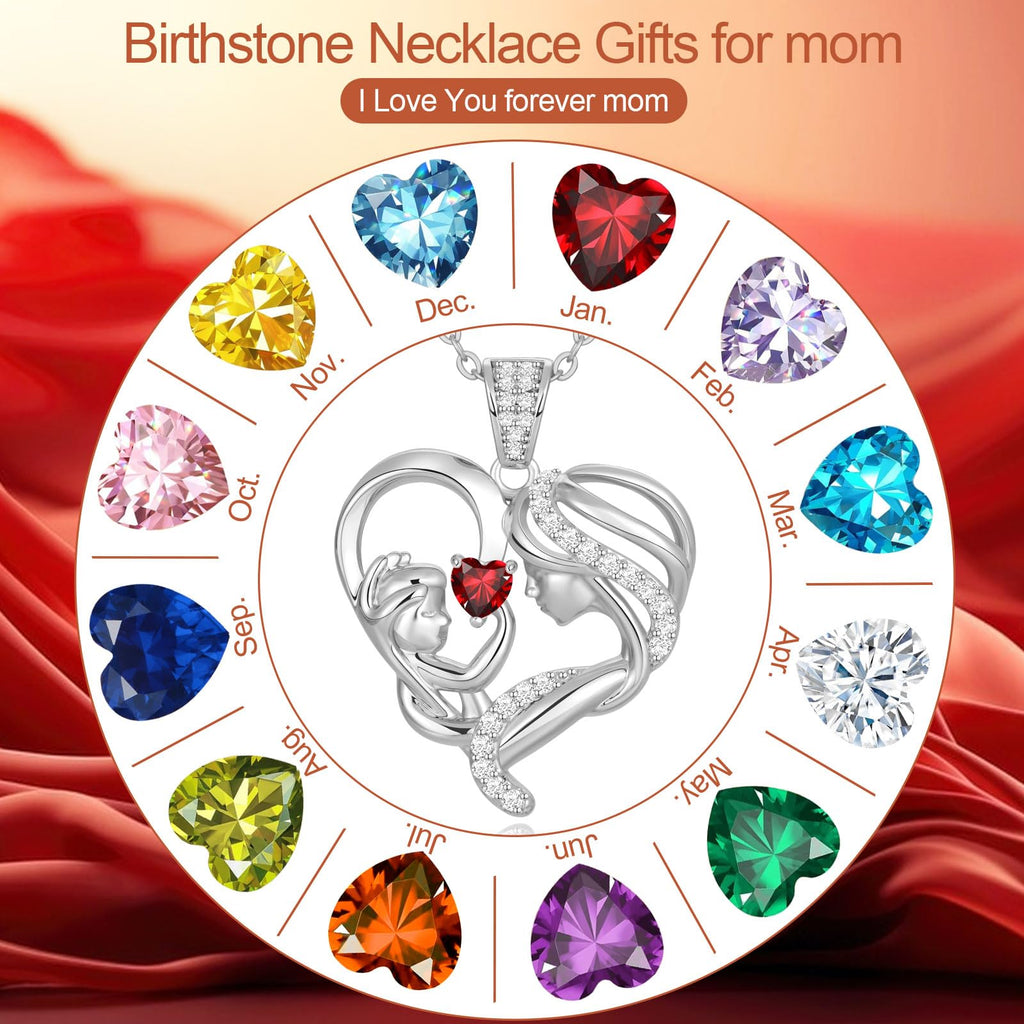 Mothers Day Gifts for Mom Wife Her Grandma, S925 Sterling Silver Birthstone Necklaces Jewelry for Women, Mother's Day Love Heart Pendant Necklace for Anniversary Birthday Christmas Day