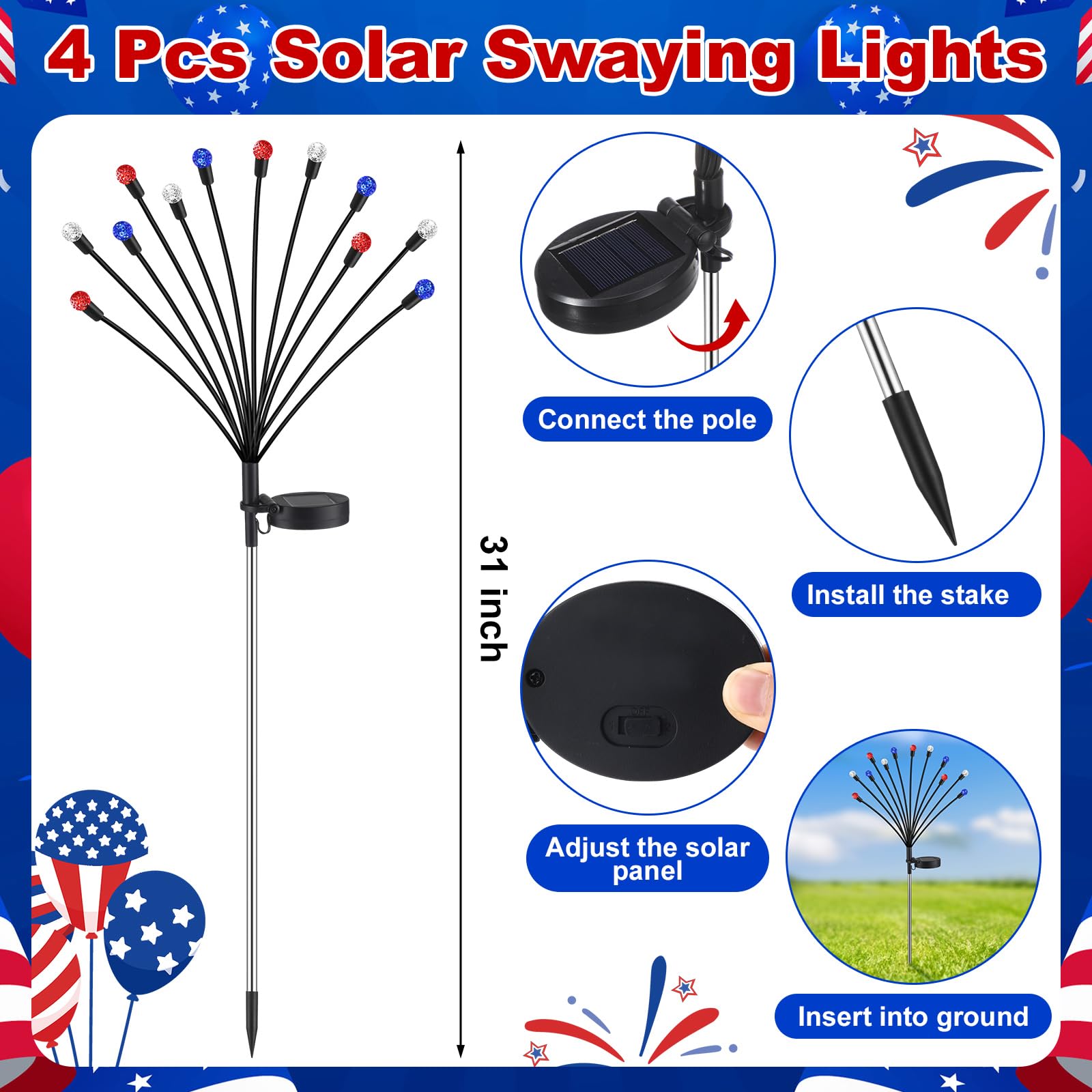 Rossesay 4 Pcs St Patricks Day Outdoor Decorations Solar Lights Waterproof Green 48 LED Swaying Pathway Firefly Stake Lights for Outside Yard Garden Lawn Decorations(Green White,Pine Cone)