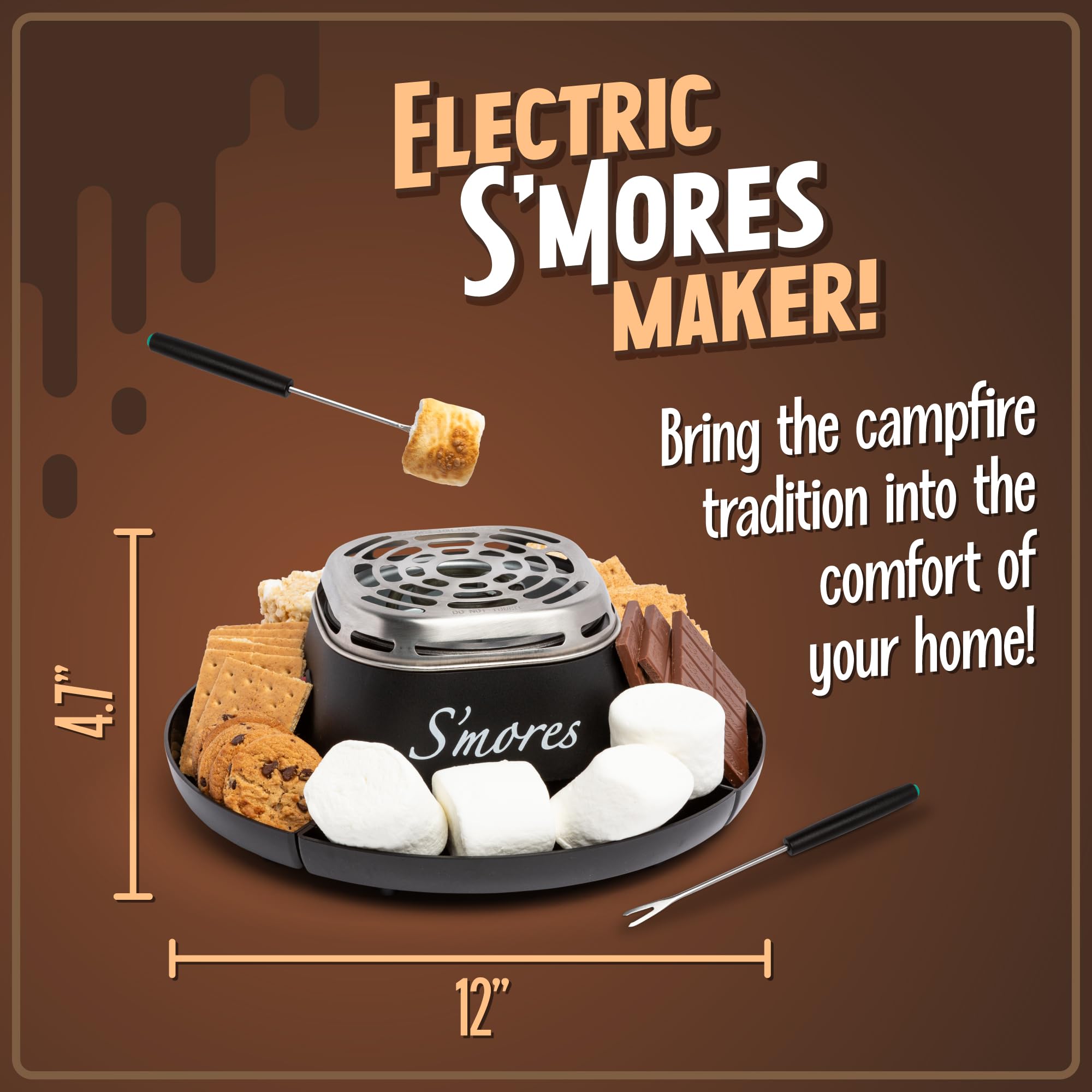 Nostalgia Tabletop Indoor Electric S'mores Maker - Smores Kit With Marshmallow Roasting Sticks and 4 Trays for Graham Crackers, Chocolate, and Marshmallows - Movie Night Supplies - Brown