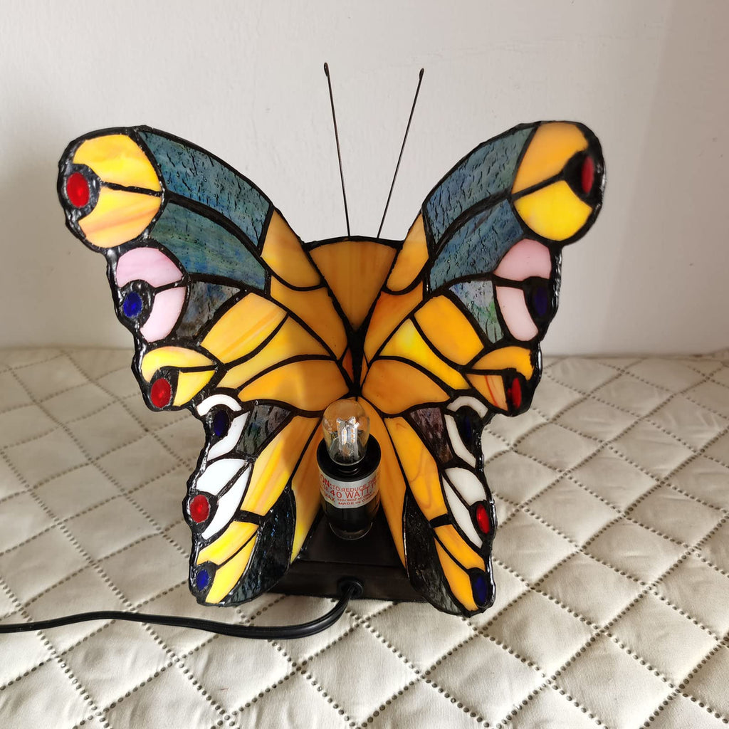 Bedside Table Lamp LED Tiffany Blue Fairy Butterfly Nightstand Table Lamps Stained Glass Shade ON Off Switch Home Office Desk Lamp Night Light Girl Grandma Mothers Day Gifts W/Gift Box