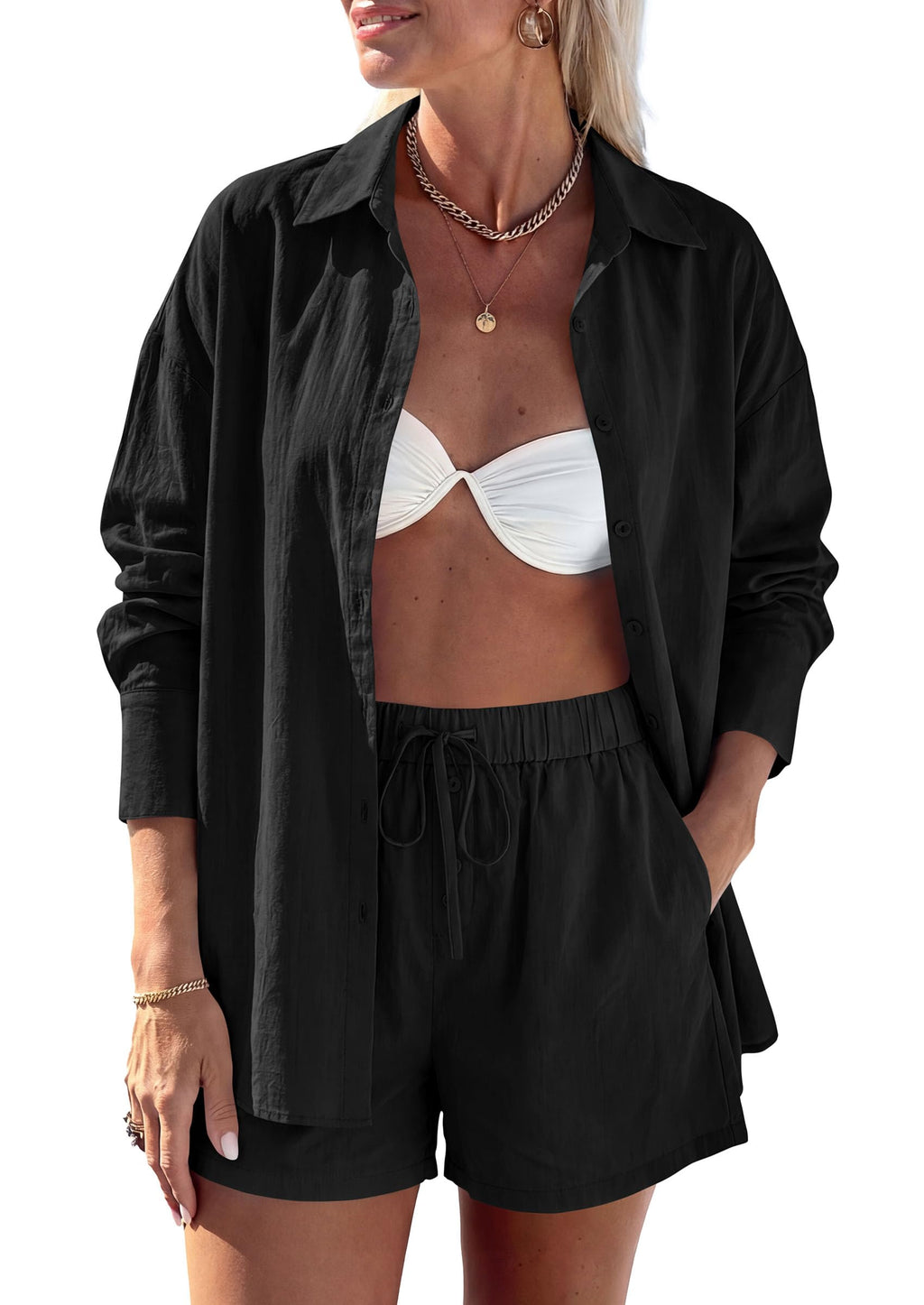 PRETTYGARDEN Women's Summer 2 Piece Matching Lounge Sets Pajamas Long Sleeve Shirts Blouse Pockets Shorts 2026 Spring Outfits