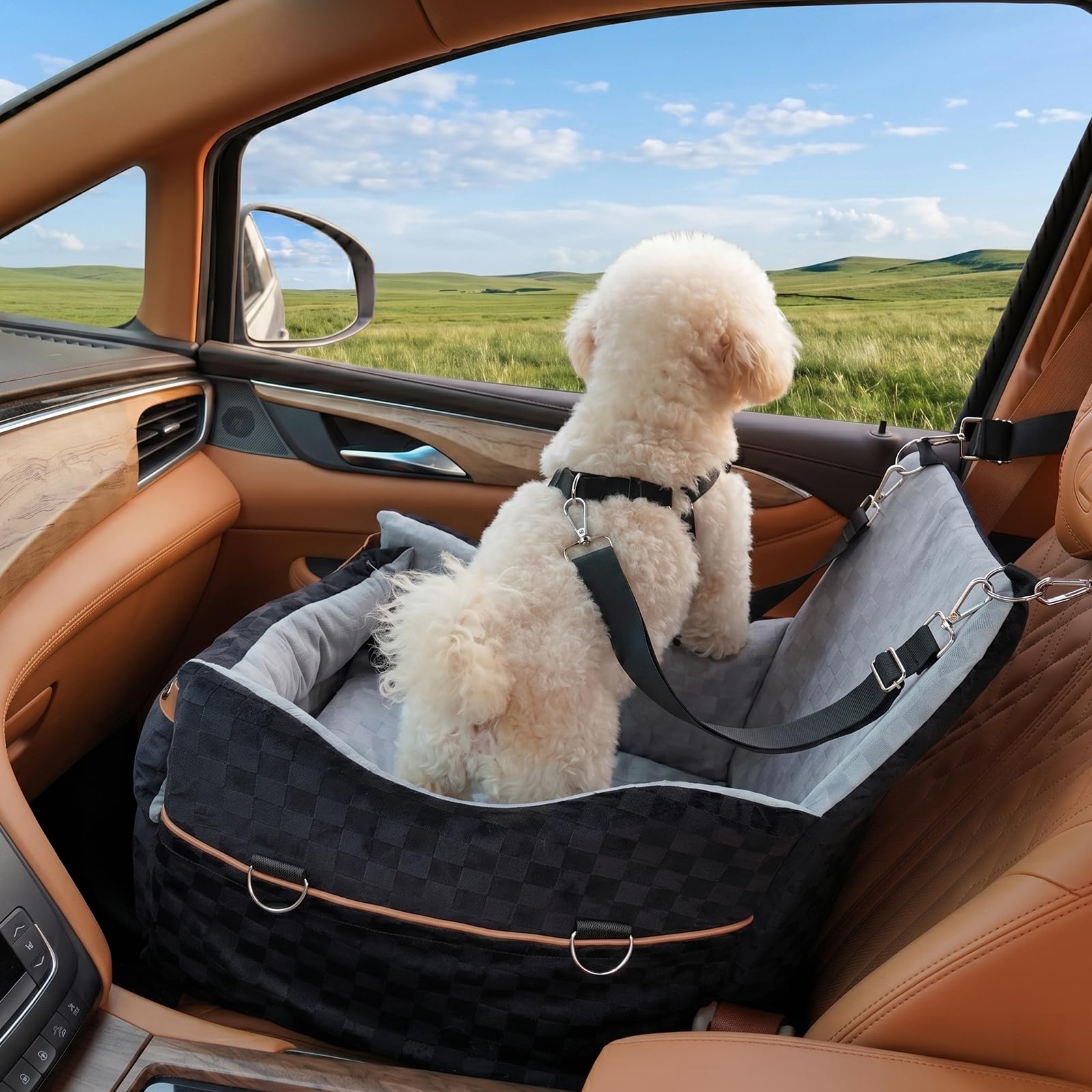 WOOCHPET Dog Car Seat for Small Pets Sturdy Puppy Booster Bed with Elevated Window View Washable Travel Carrier up to 35 Lbs