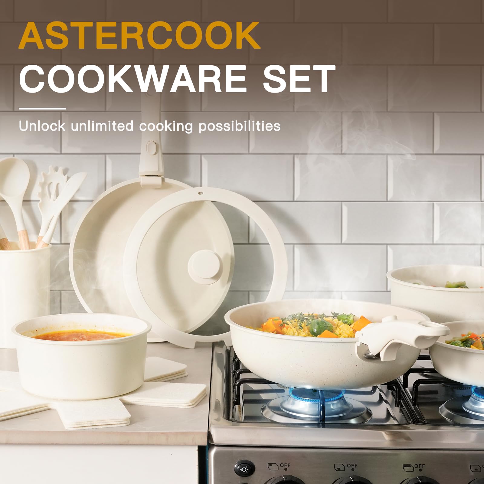 Astercook 21 Pcs Pots and Pans Set Non Stick, Ceramic Cookware Set Detachable Handle, RV Kitchen Cooking Set Removable Handles, Oven Safe, Induction Ready, Stackable, Black, Fathers Day Gift for Men