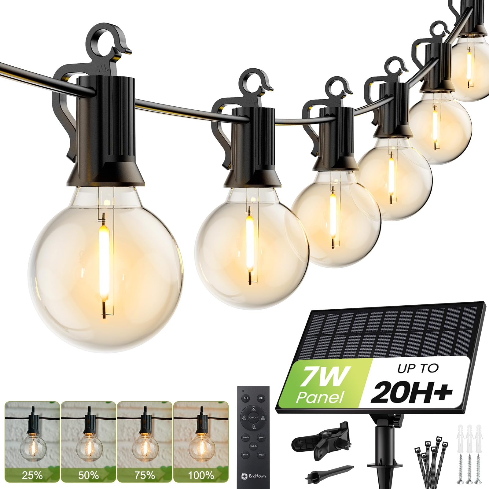 Brightown 58FT Solar String Lights Outdoor with Remote Cable Ties Hooks, 26 LED Shatterproof Bulbs, 3 Light Modes, Dimmer & Timer, Commercial Grade Patio Lights for Yard Balcony Pergola Party Decor