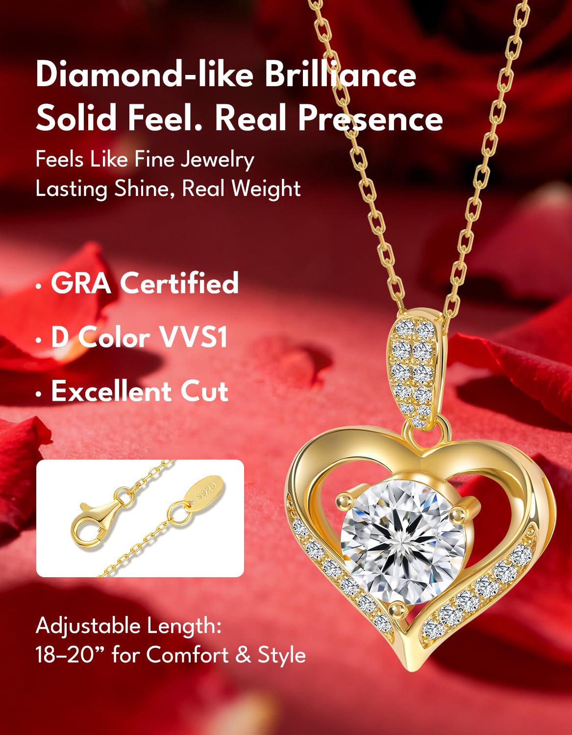 KRKC Moissanite Heart Necklace for Women, 1-3 Carat Lab Created Diamond Pendant, 14K/White Golden Plated S925 Sterling Silver Chains, Valentines Day Christmas Birthday Gifts for Her Wife Anniversary