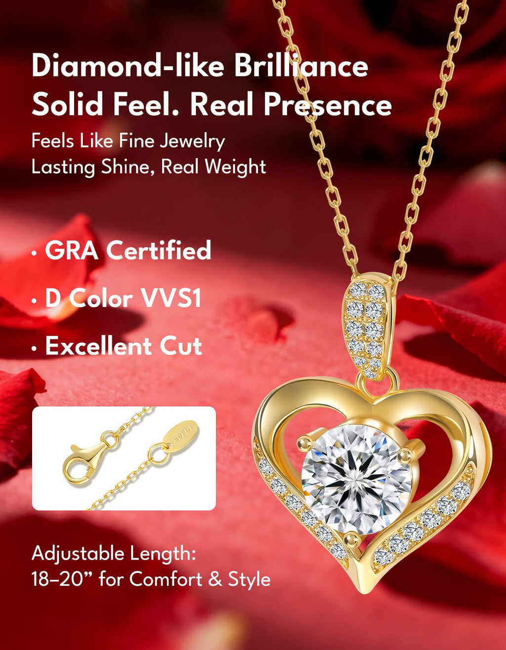 KRKC Moissanite Heart Necklace for Women, 1-3 Carat Lab Created Diamond Pendant, 14K/White Golden Plated S925 Sterling Silver Chains, Valentines Day Christmas Birthday Gifts for Her Wife Anniversary