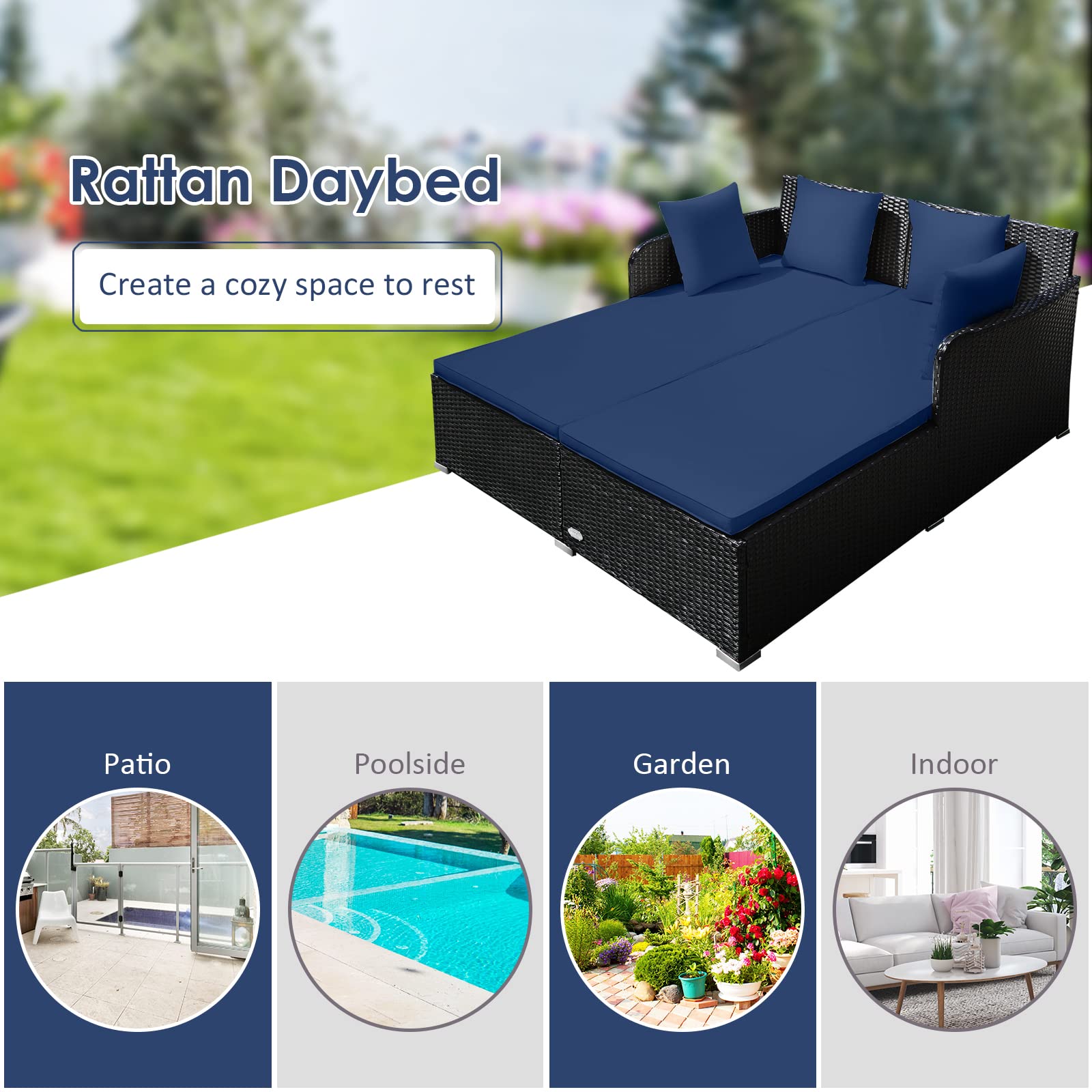 Tangkula Patio Rattan Daybed with Retractable Canopy, Outdoor Wicker Sunbed Lounger with 2 Foldable Side Tables, Thick Seat & Back Cushions, Outside Double Daybed for Garden, Backyard, Porch