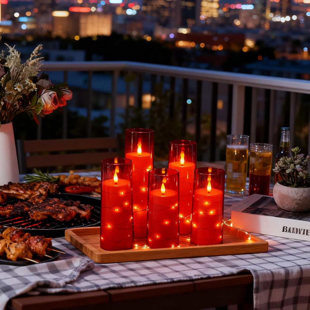 kakoya Flameless LED Candles with Timer 5 Pc Flickering Flameless Candles for Romantic Ambiance and Home Decoration Stable Acrylic Shell,with Embedded Star String，Battery Operated Candles（Red）