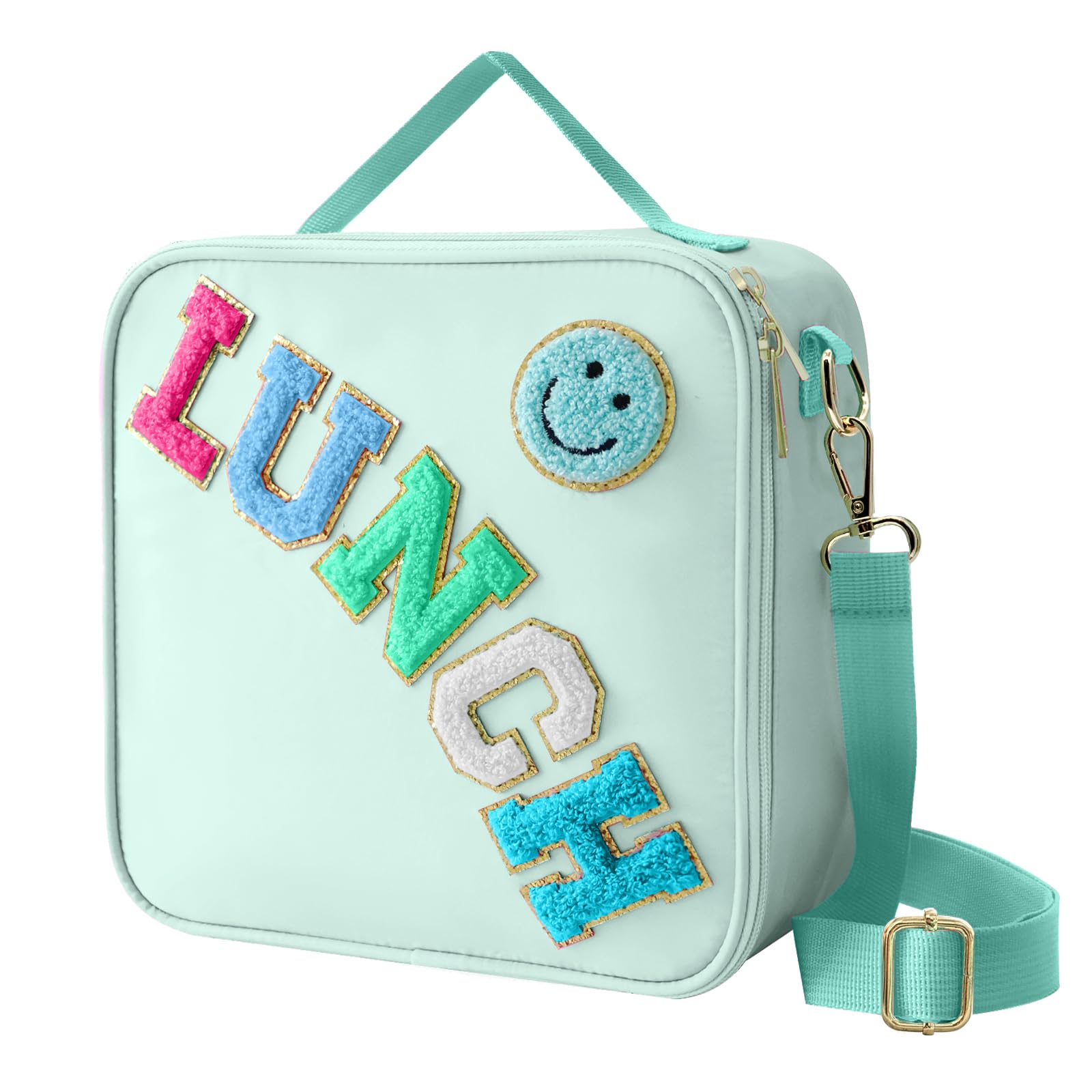 Insulated Lunch Bag With Adjustable Shoulder Strap, Nylon Preppy Lunch Box Large Insulated Lunch Bag Reusable Lunch Tote Bag with Smiley Preppy LunchBag for Girls School Travel Picnic (Purple)