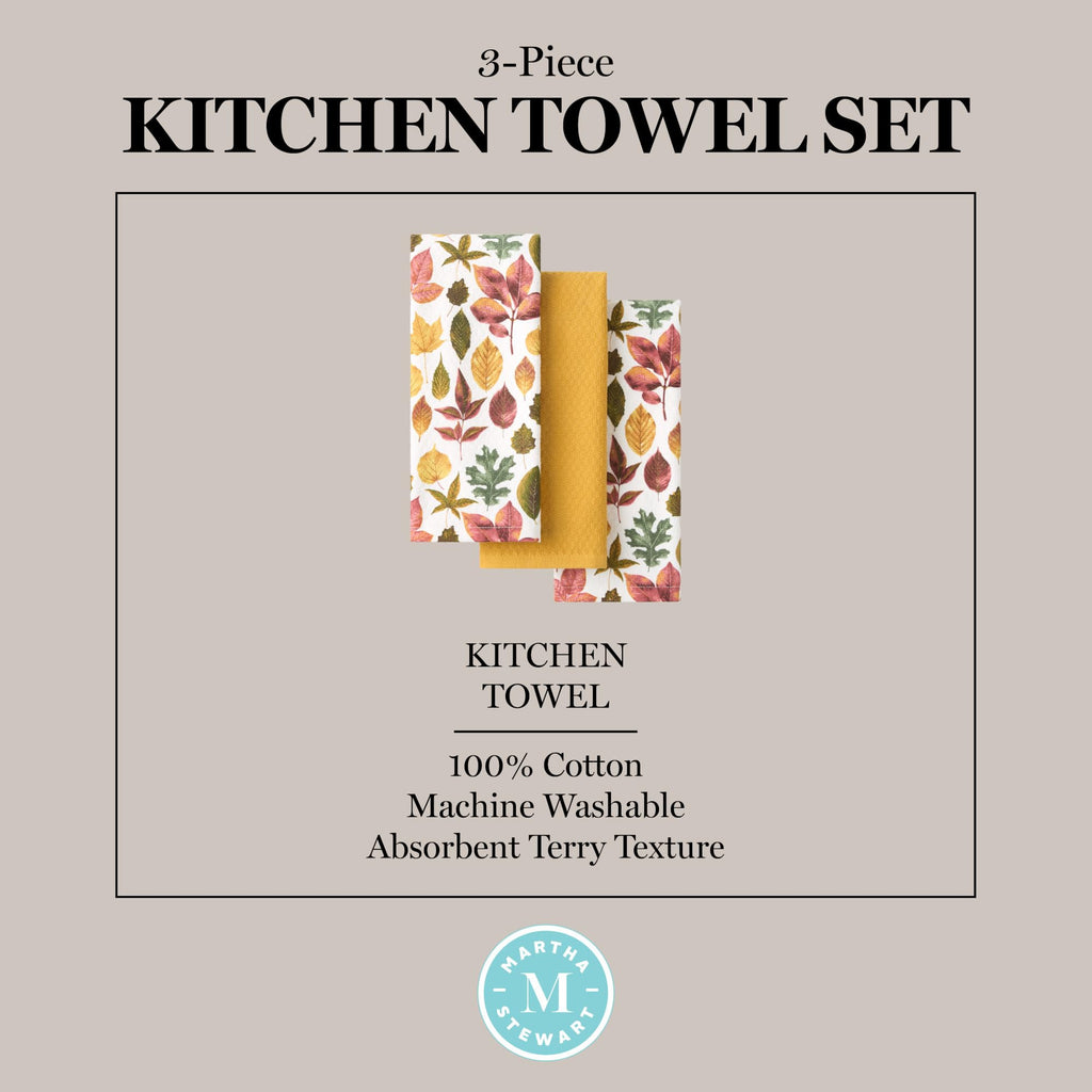 Martha Stewart Autumn Harvest Pumpkins Kitchen Towel 3-Pack Set, 100% Cotton with Absorbent Terrycloth, Decorative Kitchen Towels, Orange/Green/Ivory, 16"x28"