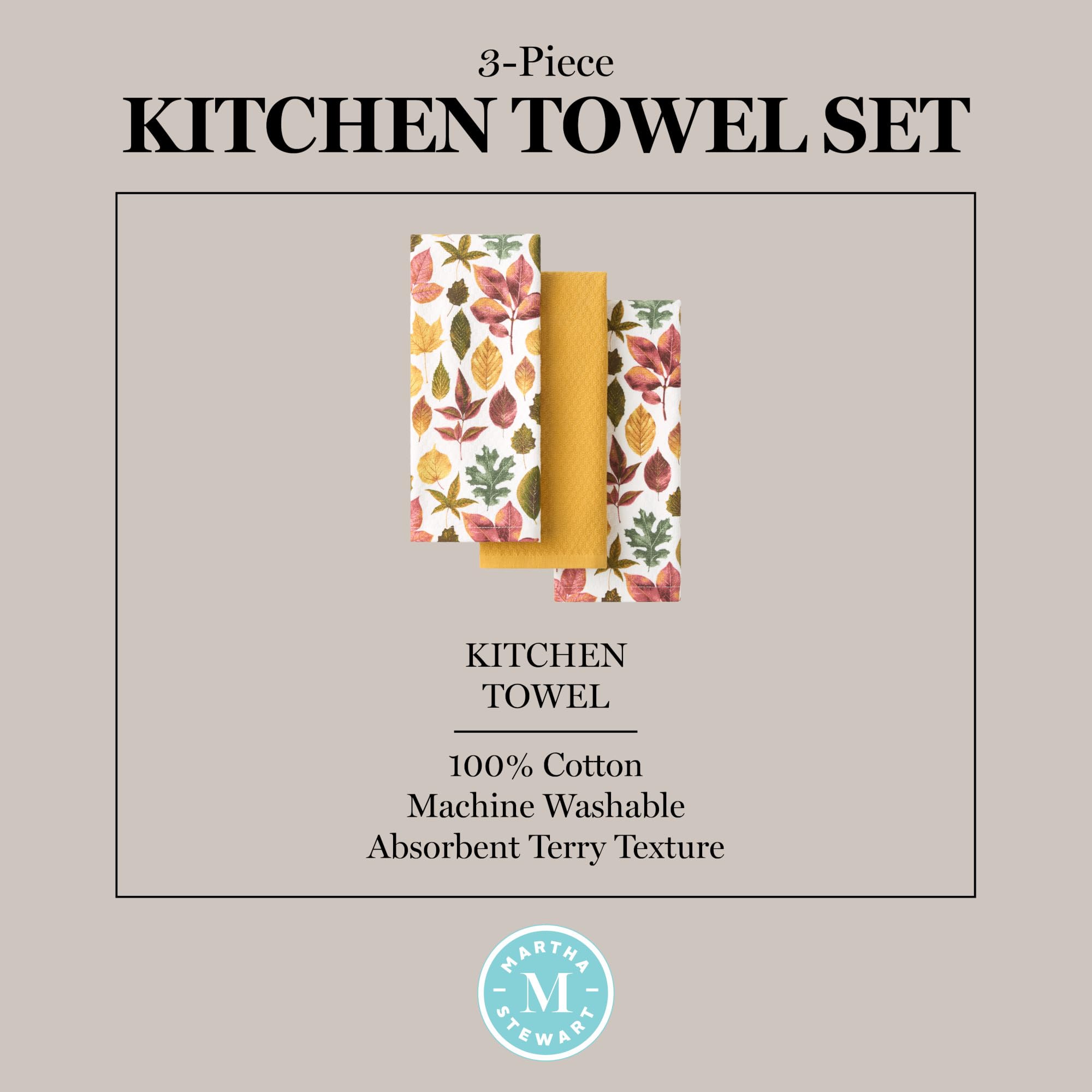 Martha Stewart Autumn Harvest Pumpkins Kitchen Towel 3-Pack Set, 100% Cotton with Absorbent Terrycloth, Decorative Kitchen Towels, Orange/Green/Ivory, 16"x28"