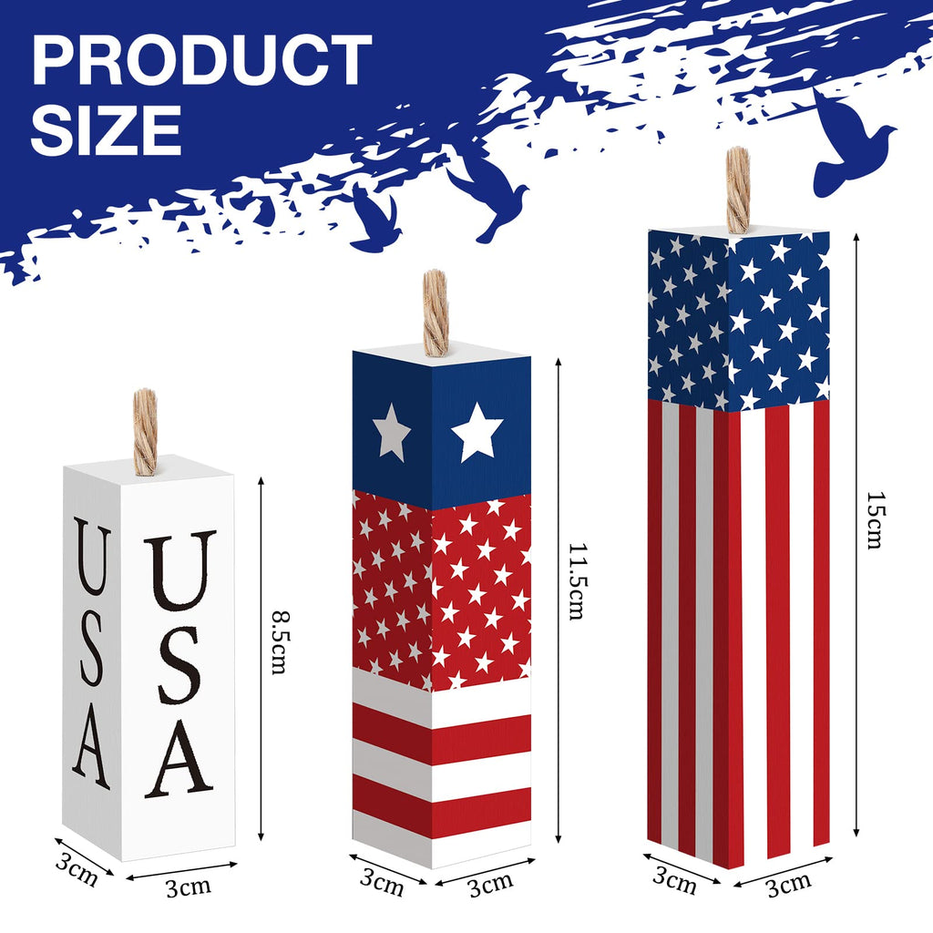 Amyhill 3 Pcs 4th of July Decorations Set Wooden Patriotic Table Centerpieces Independence Day Wood Firework Fourth of July Table Signs for 250th Anniversary Home Farmhouse Decor (Flag)