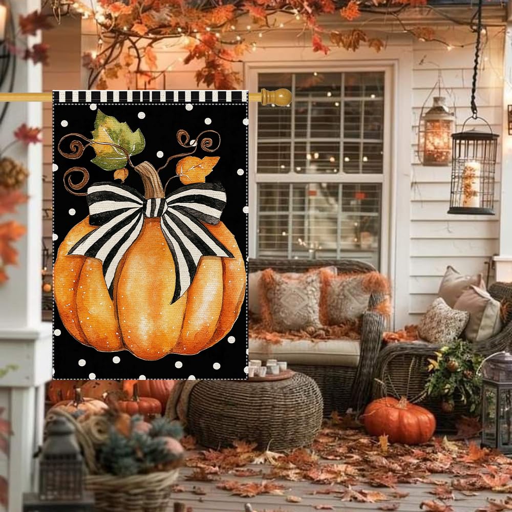 Fall Garden Flag For Outdoor Decor Thanksgiving Garden Flags Autumn Stained Glass Pumpkin Maple Leaf Double Sided Small Burlap Outside Porch Lawn Yard Flags Decorations 12.5x18 Inch