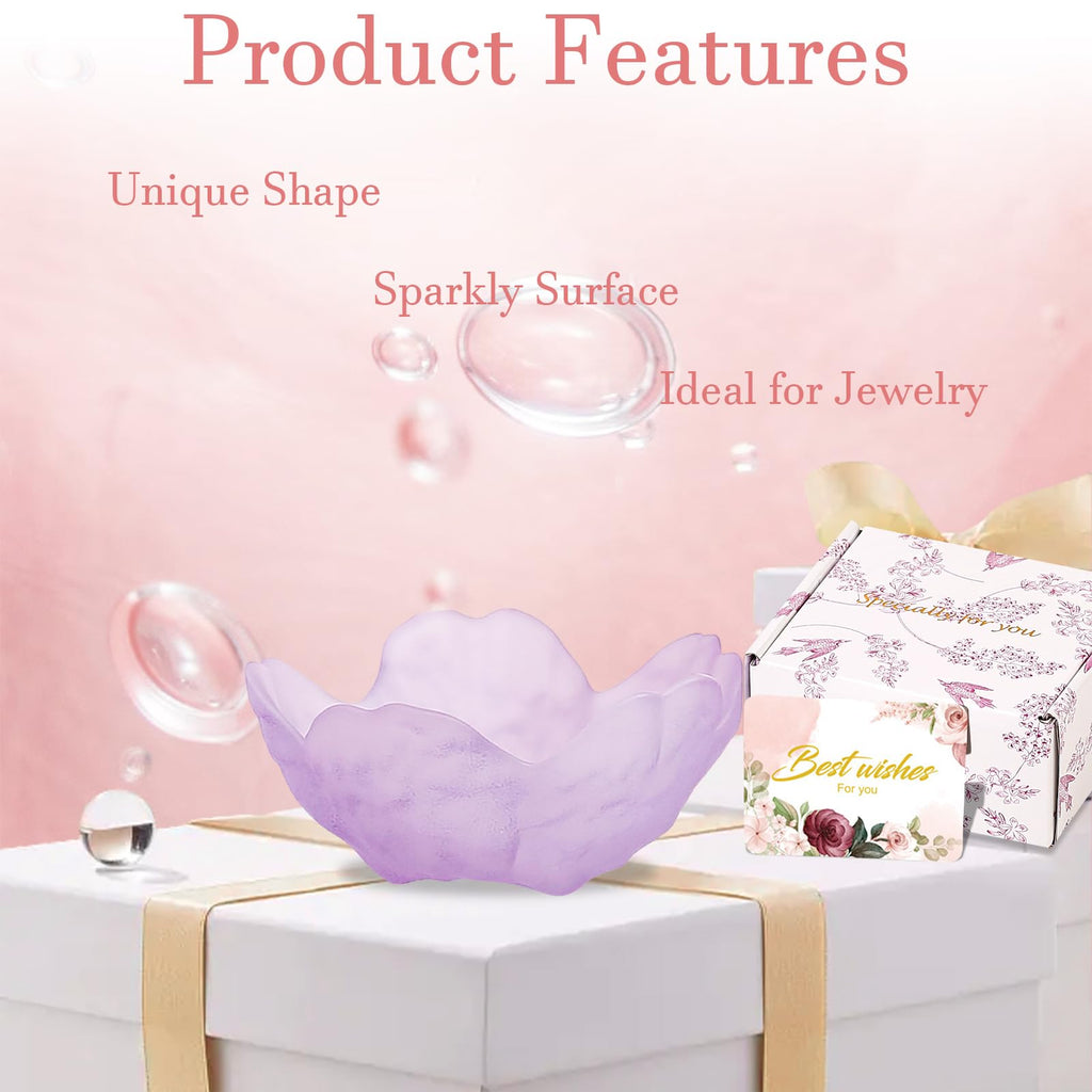 Purple Flower Jewelry Dish Glass Ring Holder Dish Jewelry Tray Cute Vanity Organizer Aesthetic Nightstand Bathroom Room Decor Trinket Dish Mothers Day Friendship Christmas Birthday Gifts for Women