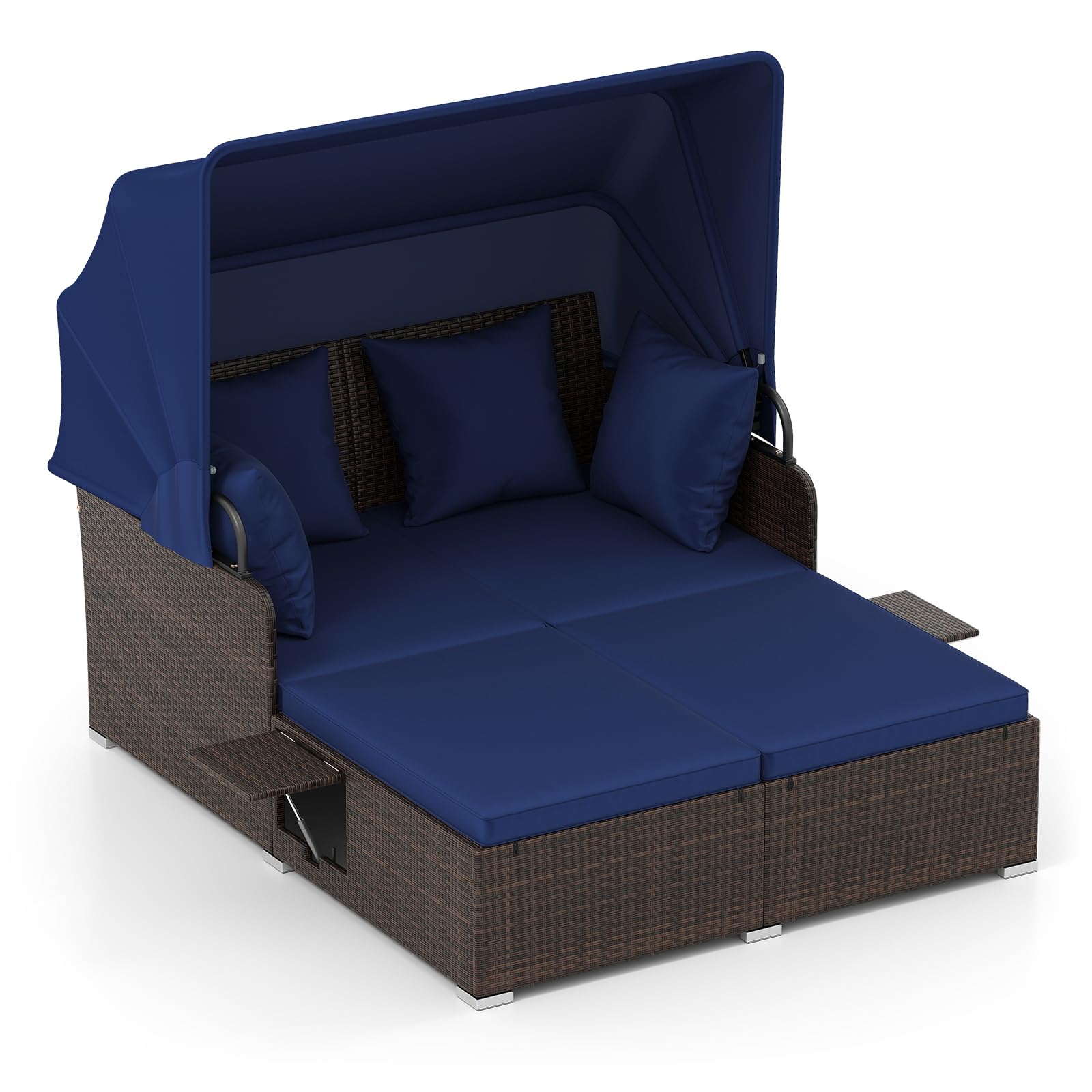 Tangkula Patio Rattan Daybed with Retractable Canopy, Outdoor Wicker Sunbed Lounger with 2 Foldable Side Tables, Thick Seat & Back Cushions, Outside Double Daybed for Garden, Backyard, Porch