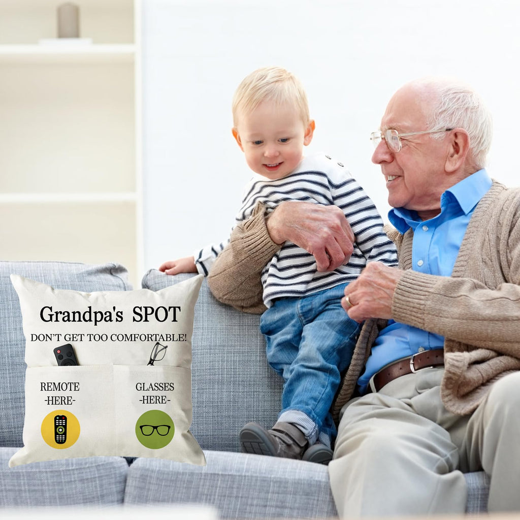 ONFAON Grandpa Gifts,Grandpa's Spot Throw Pillow Covers 18x18 Inch,Put Phone Glasses and Remote Control Pillowcase,Birthday Christmas Thanksgiving Day Gifts for Grandpa Stepdad,3-Pocket