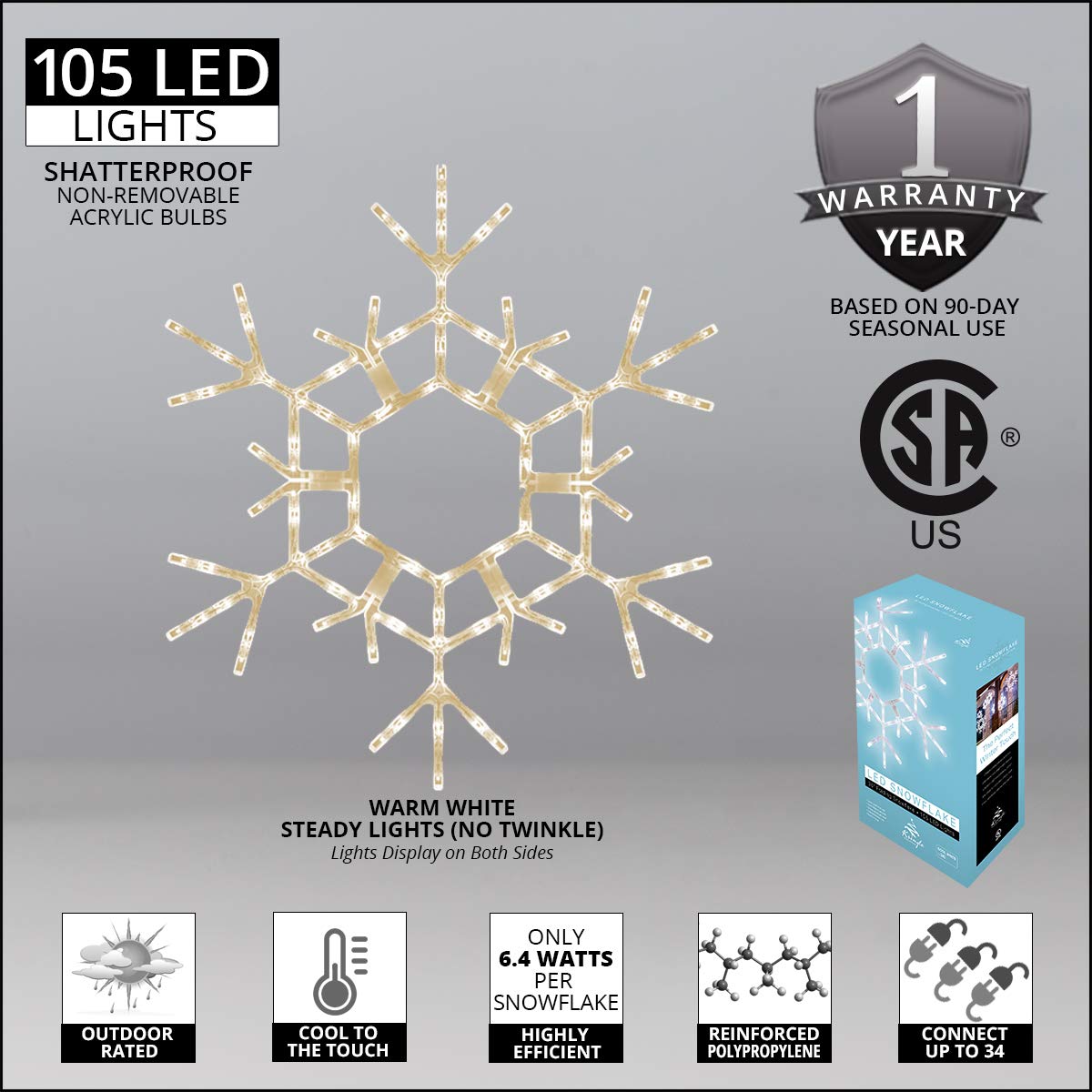 Kringle Traditions Christmas Snowflake Lights Outdoor, 105 LED 36" Folding Warm White Snowflake Hanging Light, Weather-Resistant Christmas Decoration for Yard, Window, Porch, or Eave