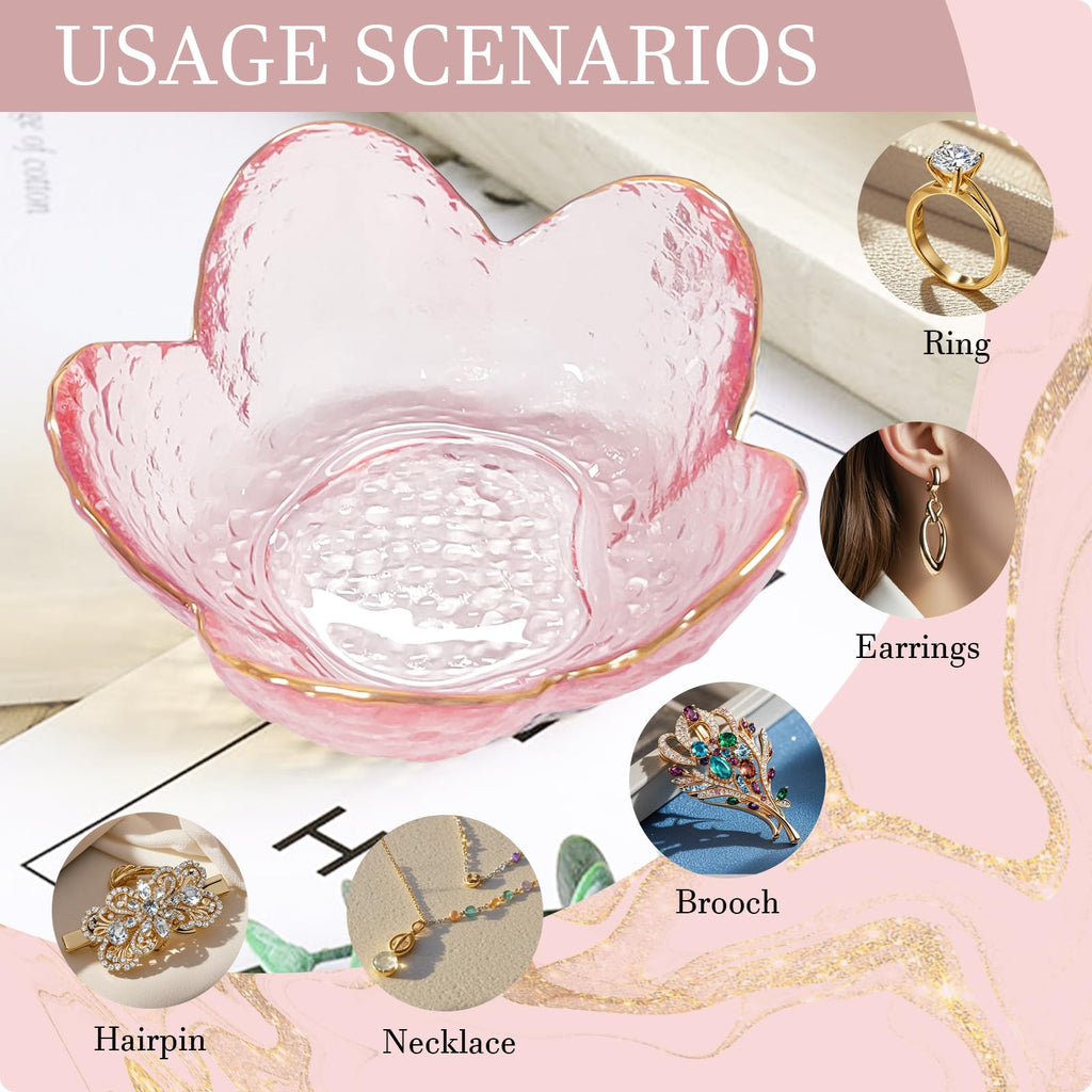 Purple Flower Jewelry Dish Glass Ring Holder Dish Jewelry Tray Cute Vanity Organizer Aesthetic Nightstand Bathroom Room Decor Trinket Dish Mothers Day Friendship Christmas Birthday Gifts for Women