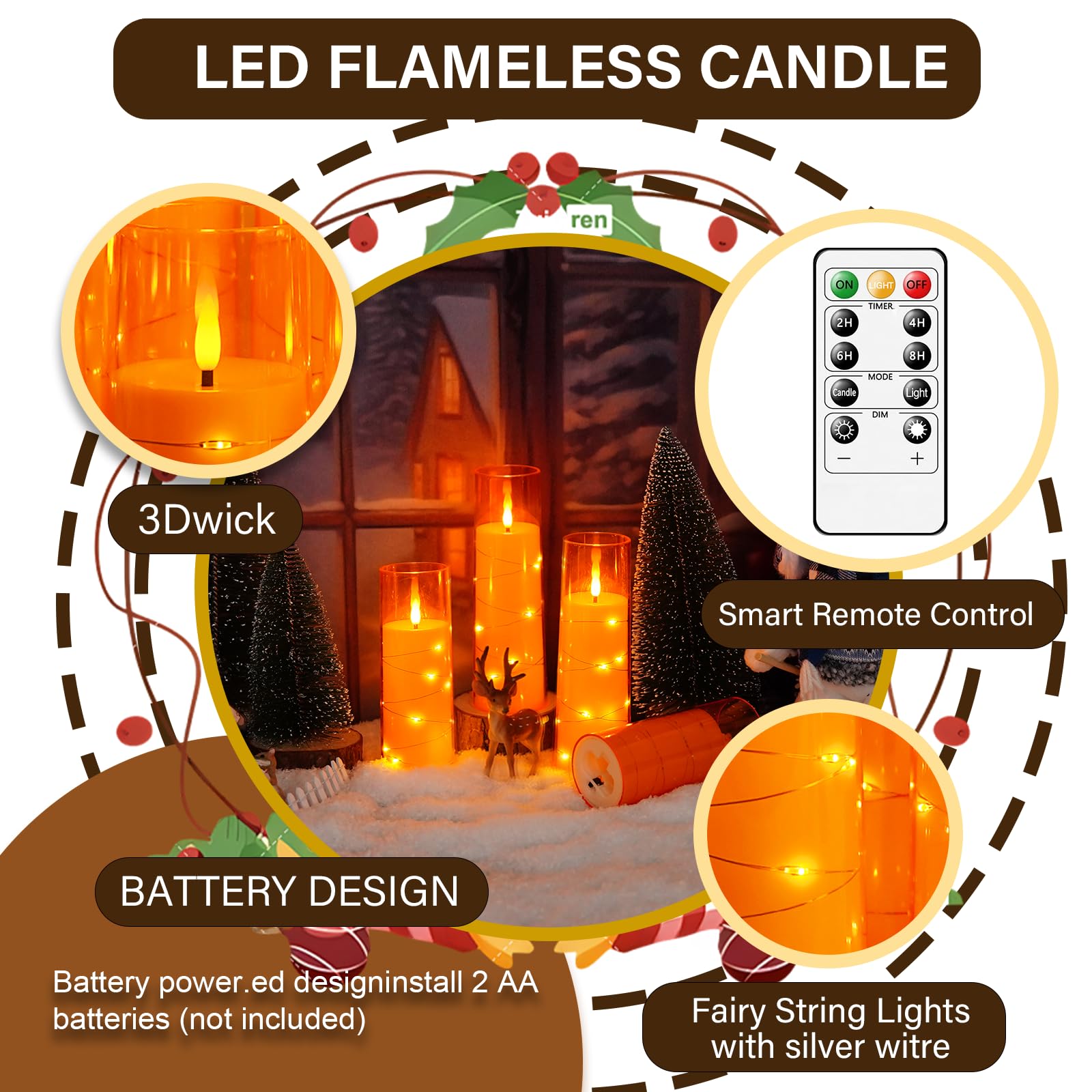 kakoya Flameless LED Candles with Timer 5 Pc Flickering Flameless Candles for Romantic Ambiance and Home Decoration Stable Acrylic Shell,with Embedded Star String，Battery Operated Candles（Red）