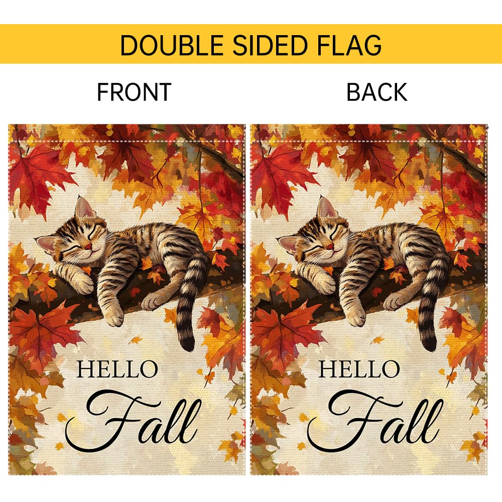 Hello Fall Garden Flag Cat Garden Flags 12x18 Inch Double Sided Vertical Autumn Farmhouse Home Decor Yard Lawn Outdoor Decorations