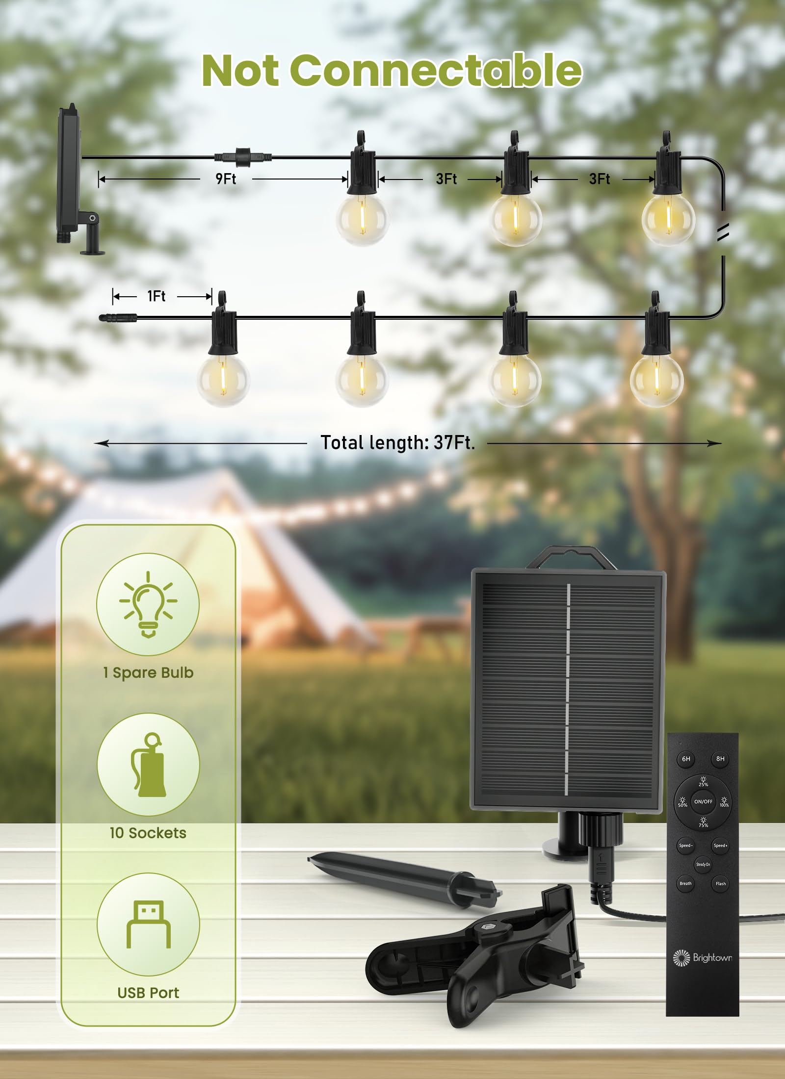 Brightown 58FT Solar String Lights Outdoor with Remote Cable Ties Hooks, 26 LED Shatterproof Bulbs, 3 Light Modes, Dimmer & Timer, Commercial Grade Patio Lights for Yard Balcony Pergola Party Decor