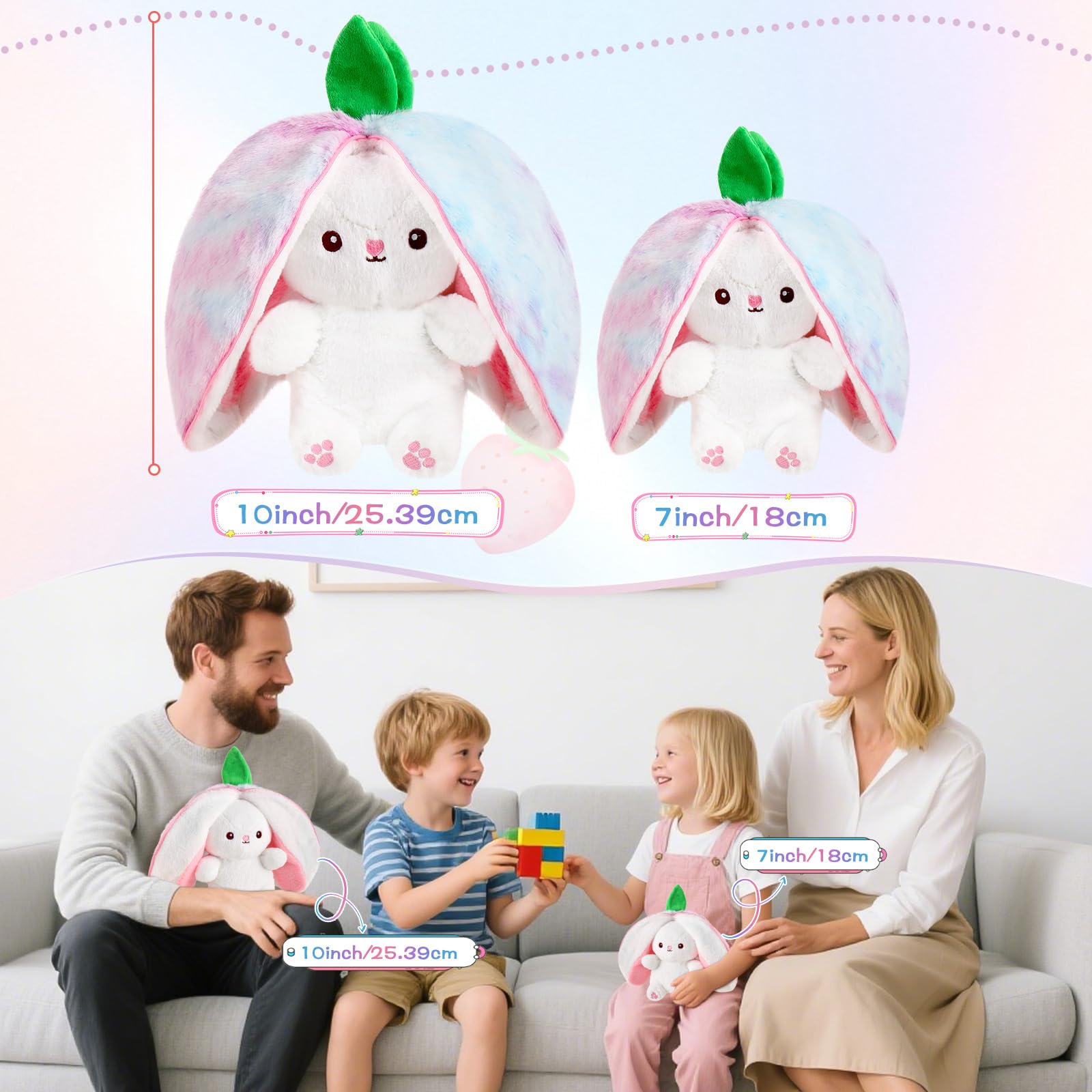MIAODAM Bunny Stuffed Animal Reversible Cuddle Bunny Stuffed,Strawberry Bunny Transformed Rabbit Plush Zipper,Turns Into Ears Bunnies Plushies Toy Cute Stuffy Doll Easter
