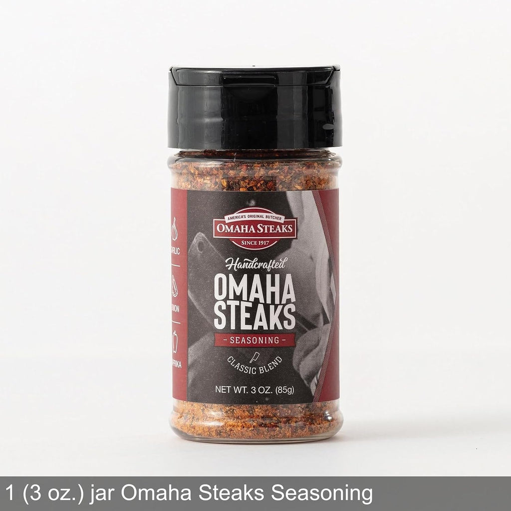 Omaha Steaks Freezer Filler, Gift-Ready or Stock Up, 25 items, 20 entrees - 4 Butcher's Cut Top Sirloins, 4 Air-Chilled Boneless Chicken Breasts, 8 Omaha Steaks Burgers, 4 Gourmet Jumbo Franks, 4 Caramel Apple Tartlets, 1 jar Omaha Steaks Seasoning