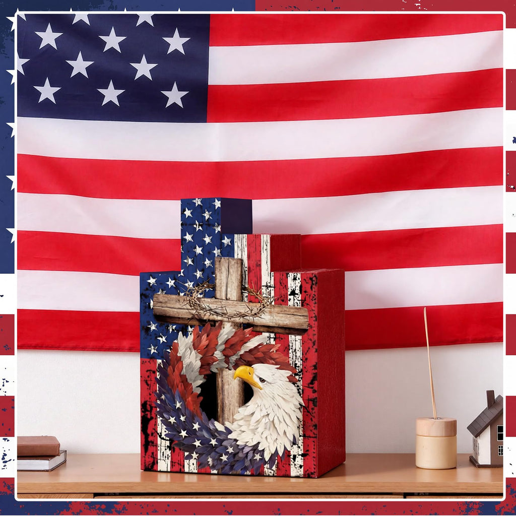 Amyhill 3 Pcs 4th of July Decorations Set Wooden Patriotic Table Centerpieces Independence Day Wood Firework Fourth of July Table Signs for 250th Anniversary Home Farmhouse Decor (Flag)