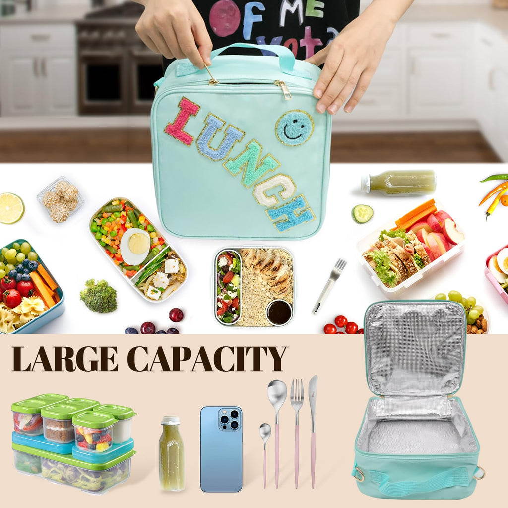 Insulated Lunch Bag With Adjustable Shoulder Strap, Nylon Preppy Lunch Box Large Insulated Lunch Bag Reusable Lunch Tote Bag with Smiley Preppy LunchBag for Girls School Travel Picnic (Purple)