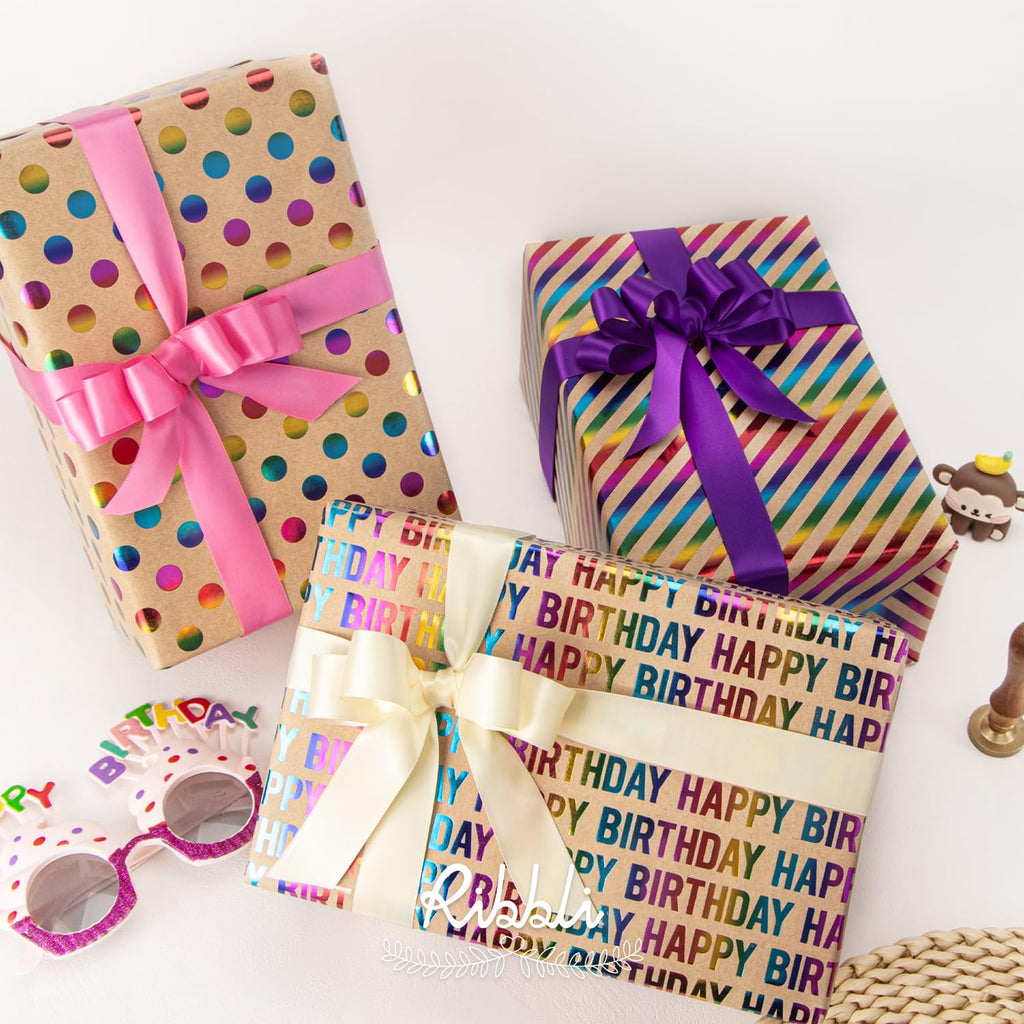 Ribbli Birthday Wrapping Paper Iridescent Gift Wrapping Paper Mini Roll, 3 Rolls Happy Birthday Polka Dots Stripes Printed Assortment - 17 inch x 120 inch(10feet) Per Roll
