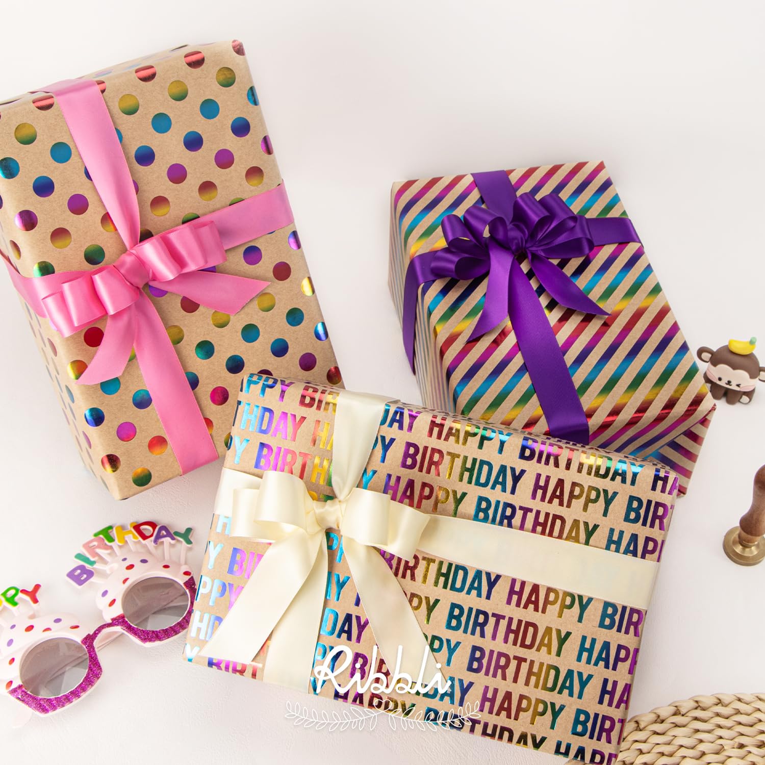 Ribbli Birthday Wrapping Paper Iridescent Gift Wrapping Paper Mini Roll, 3 Rolls Happy Birthday Polka Dots Stripes Printed Assortment - 17 inch x 120 inch(10feet) Per Roll