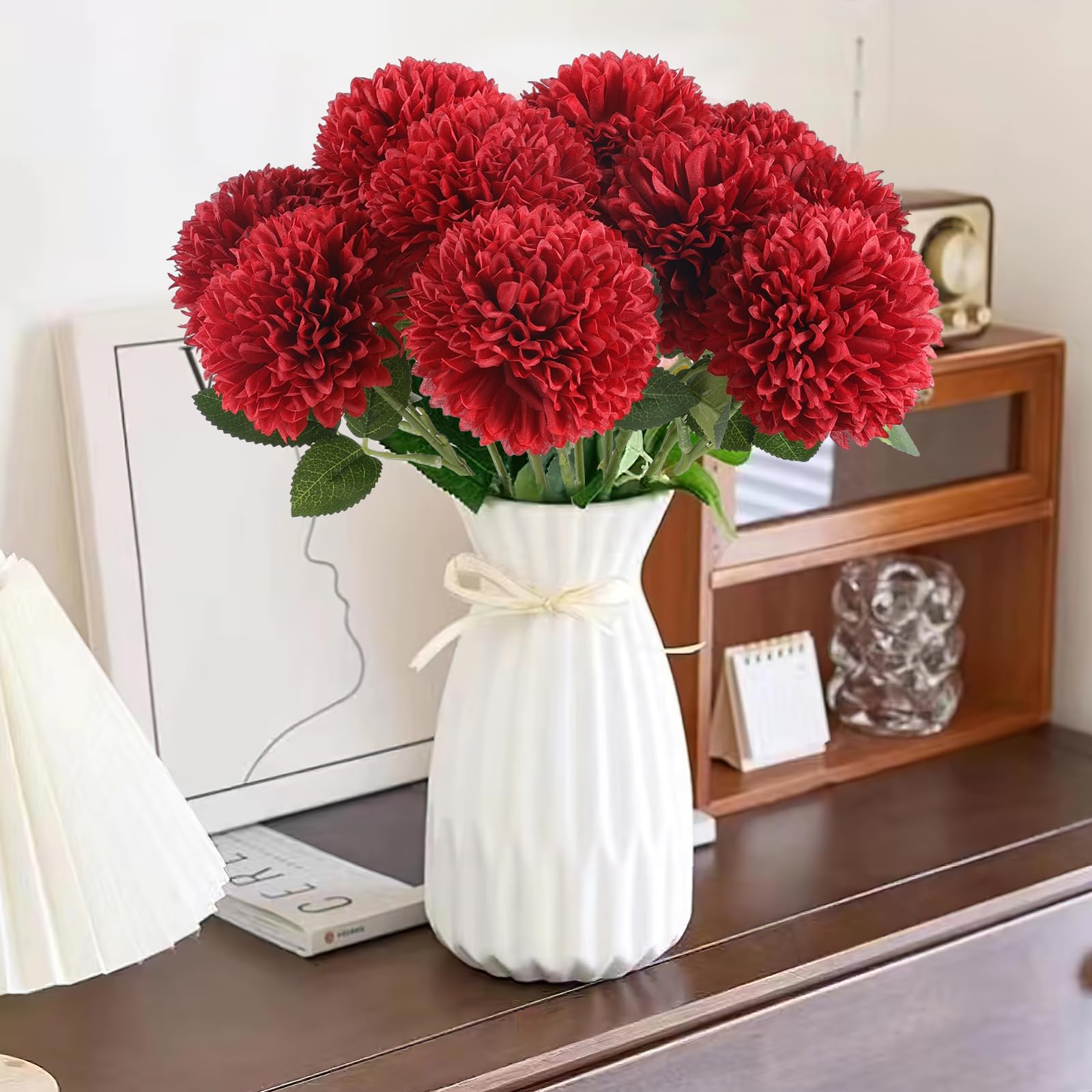 Hananona 12 Pcs Artificial Chrysanthemums Flowers Patriotic Flower, 4th of July Fake Mums Flowers Silk for Home Decor Indoor Memorial Day Table Centerpiece Vase not Included (12, Red, White, Blue)