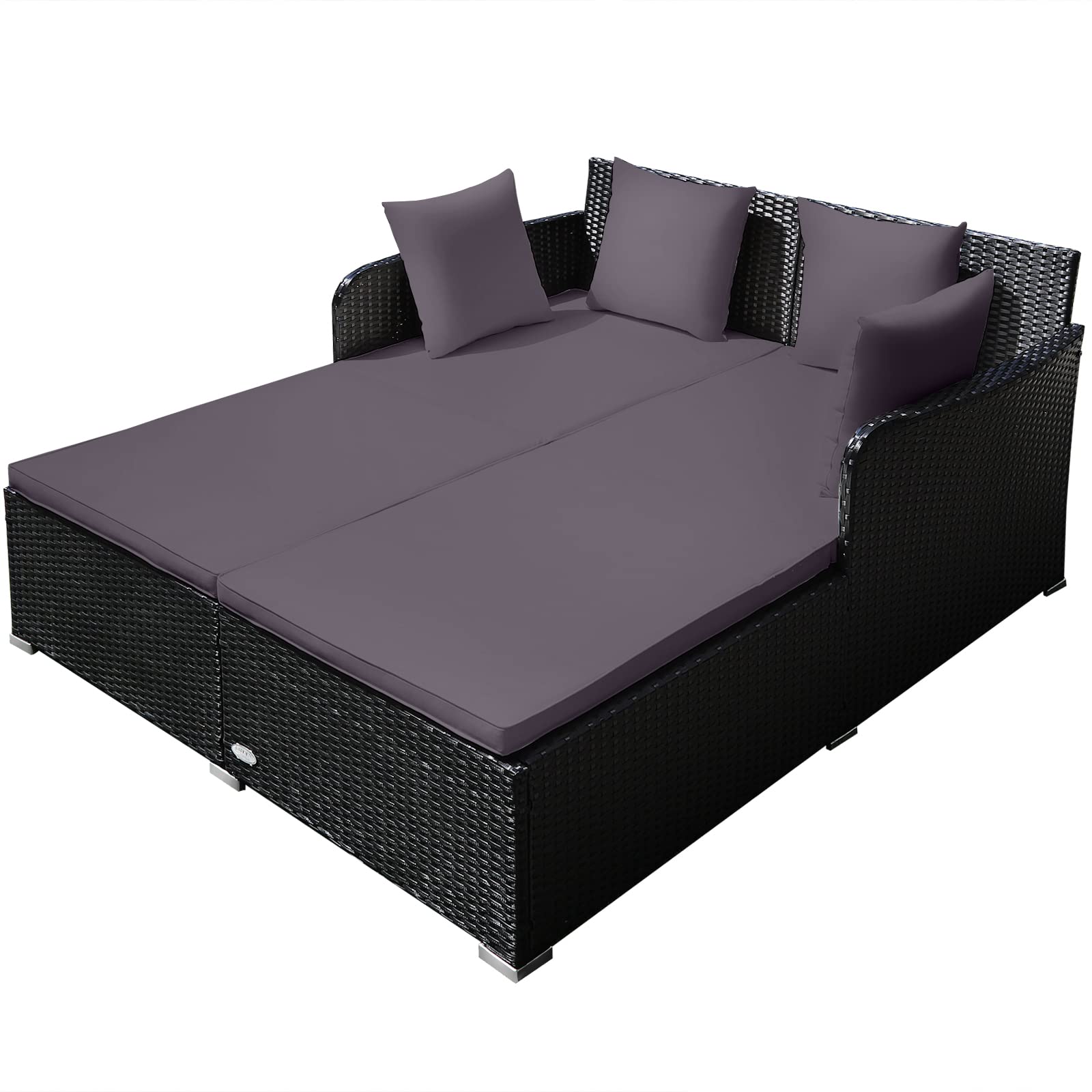 Tangkula Patio Rattan Daybed with Retractable Canopy, Outdoor Wicker Sunbed Lounger with 2 Foldable Side Tables, Thick Seat & Back Cushions, Outside Double Daybed for Garden, Backyard, Porch