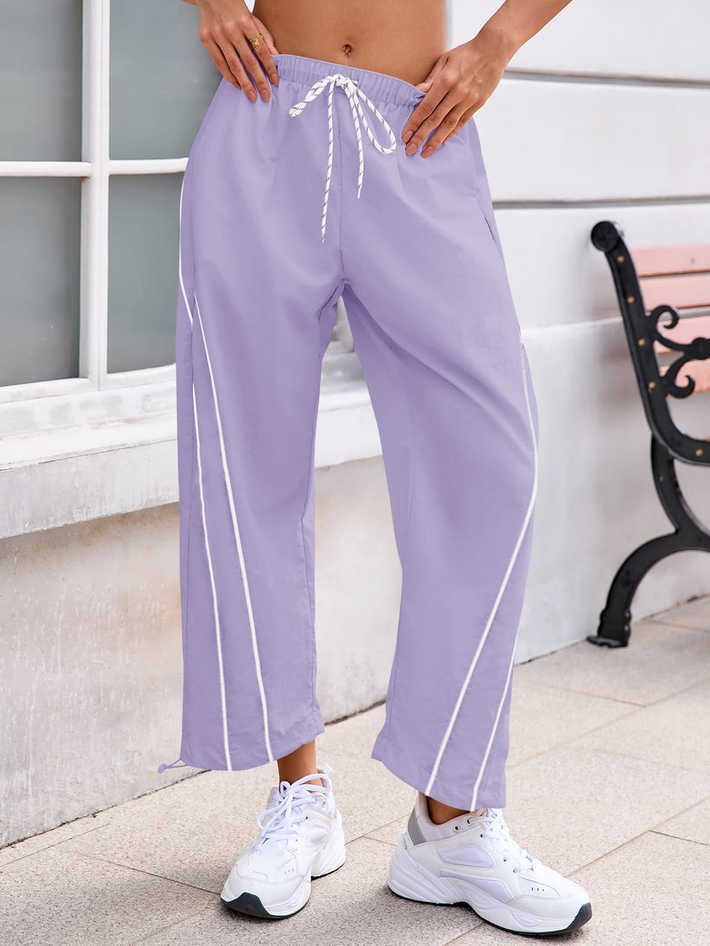 Fisoew Womens Baggy Wide Leg Pants Casual Elastic Waist Drawstring Hiking Workout Cropped Pants with Pockets