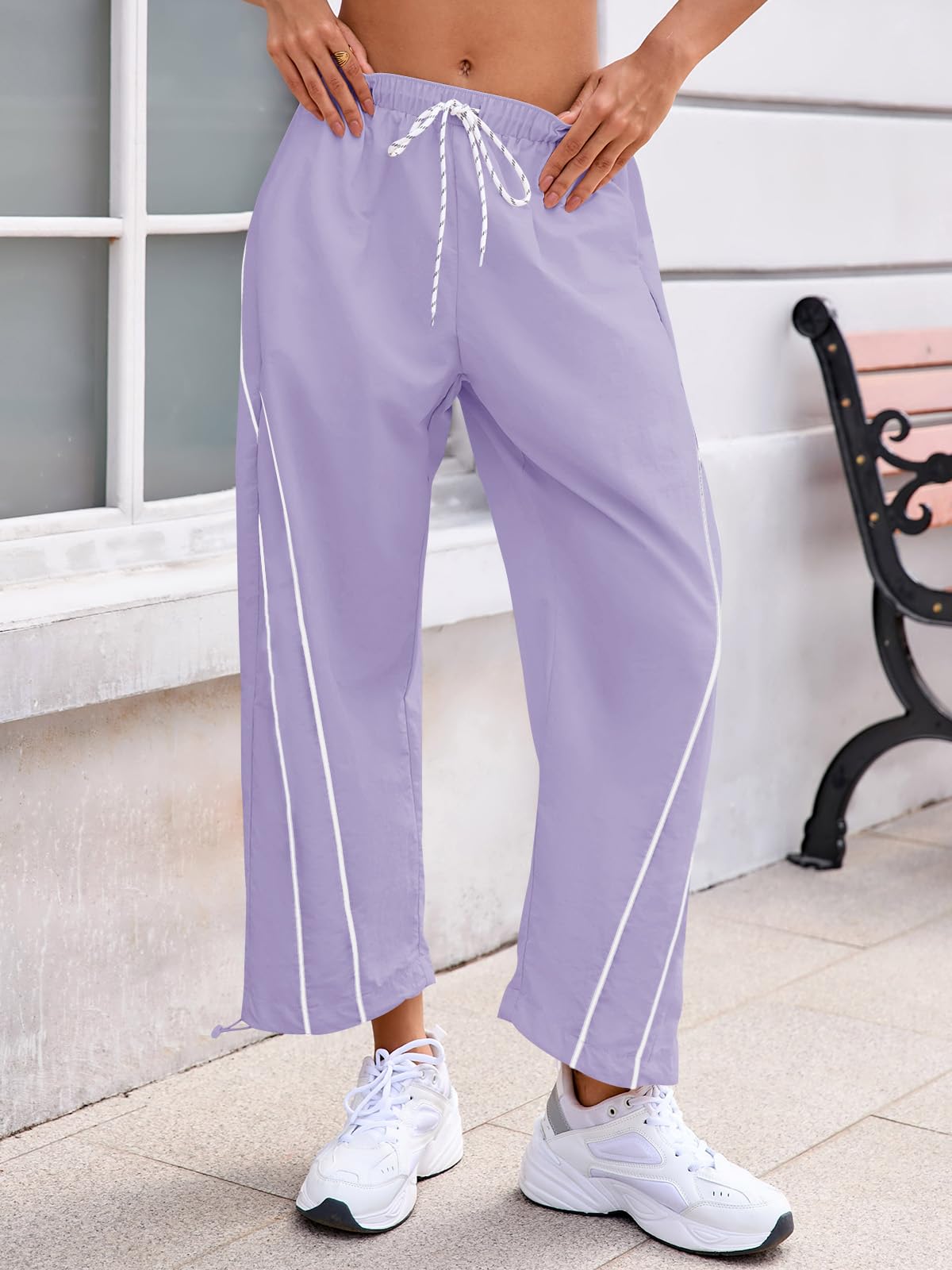 Fisoew Womens Baggy Wide Leg Pants Casual Elastic Waist Drawstring Hiking Workout Cropped Pants with Pockets
