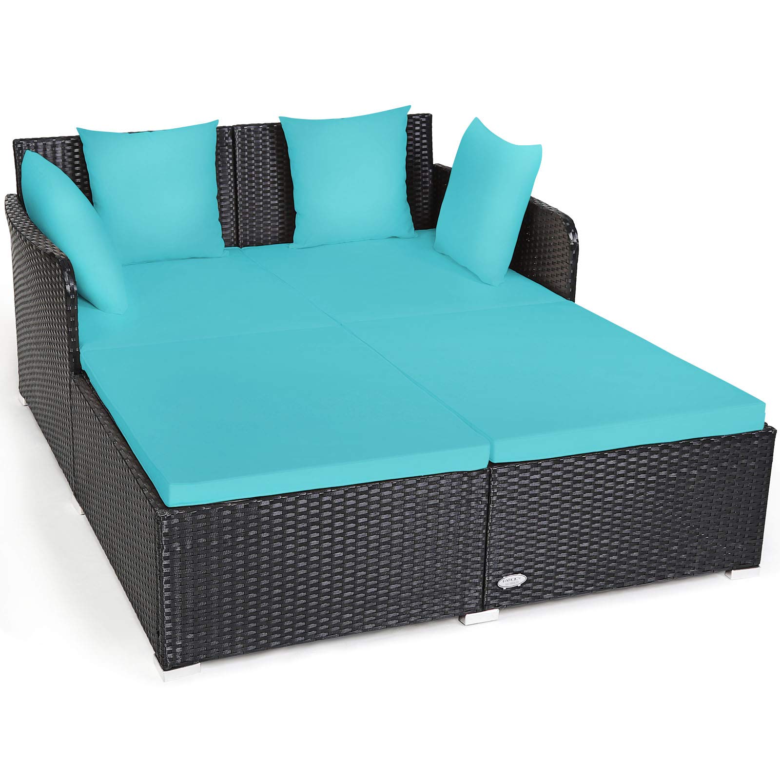 Tangkula Patio Rattan Daybed with Retractable Canopy, Outdoor Wicker Sunbed Lounger with 2 Foldable Side Tables, Thick Seat & Back Cushions, Outside Double Daybed for Garden, Backyard, Porch