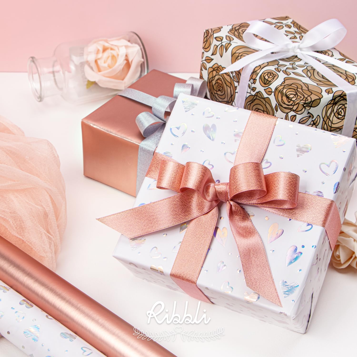 Ribbli Birthday Wrapping Paper Iridescent Gift Wrapping Paper Mini Roll, 3 Rolls Happy Birthday Polka Dots Stripes Printed Assortment - 17 inch x 120 inch(10feet) Per Roll