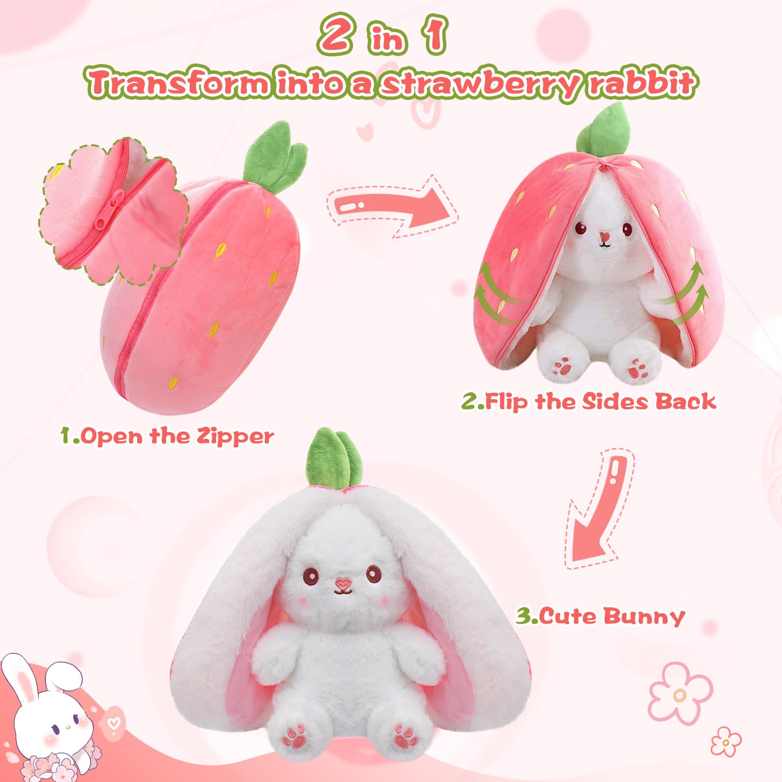 MIAODAM Bunny Stuffed Animal Reversible Cuddle Bunny Stuffed,Strawberry Bunny Transformed Rabbit Plush Zipper,Turns Into Ears Bunnies Plushies Toy Cute Stuffy Doll Easter