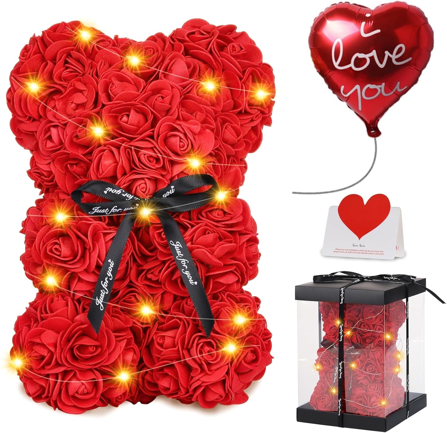 Rose Bear Mother's Day Flower Gifts for Mom Grandma, Rose Teddy Bear with Lights, Cute Teddy Flower Bear, Cute Romantic Present for Wife Girlfriend with Transparent Gift Box and Love Card