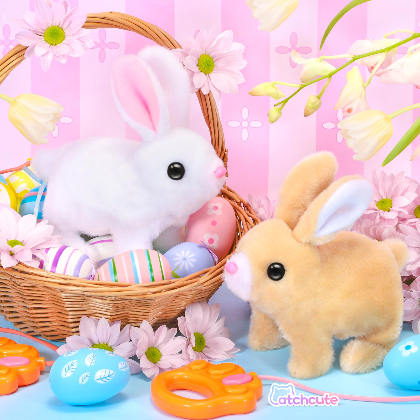 CatchCute Easter Plush Bunny Toys for Kids,Interactive Bunny with Sounds,Can Walk,Wag Tail and Twitch Nose with Remote Control Leash,Easter Eggs with Pull Back Cars,Easter Birthday Gift for Toddlers